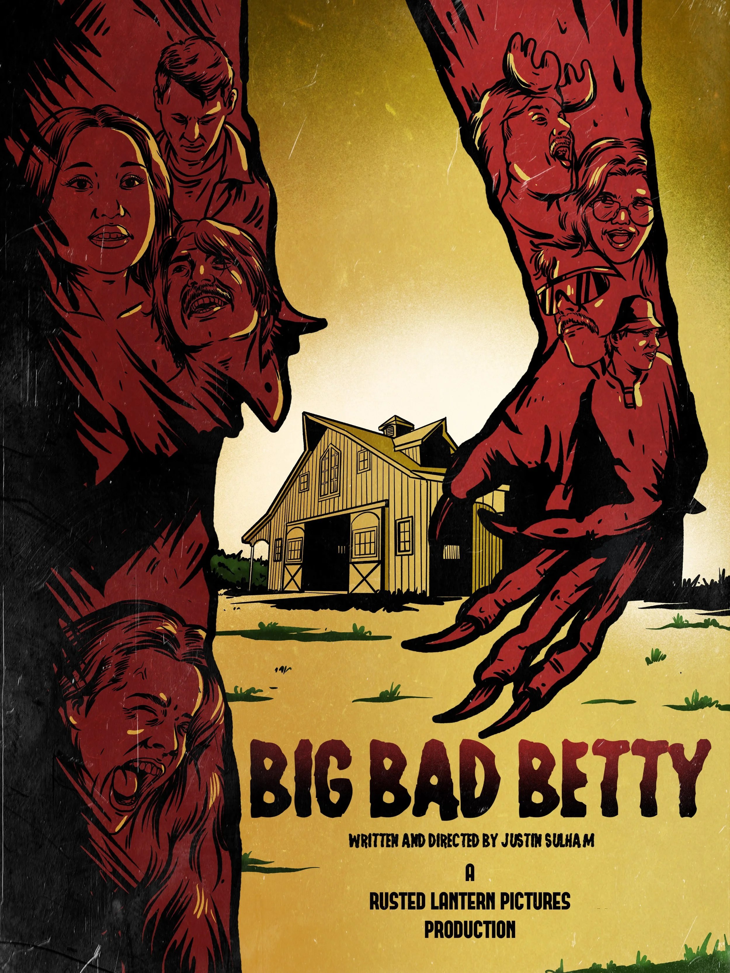 A horror movie poster titled "Big Bad Betty" featuring illustrations of scary, monstrous faces emerging from dark red, clawed hands in front of a farmhouse. The faces include various women, some screaming or with fearful expressions, with a dark, eer