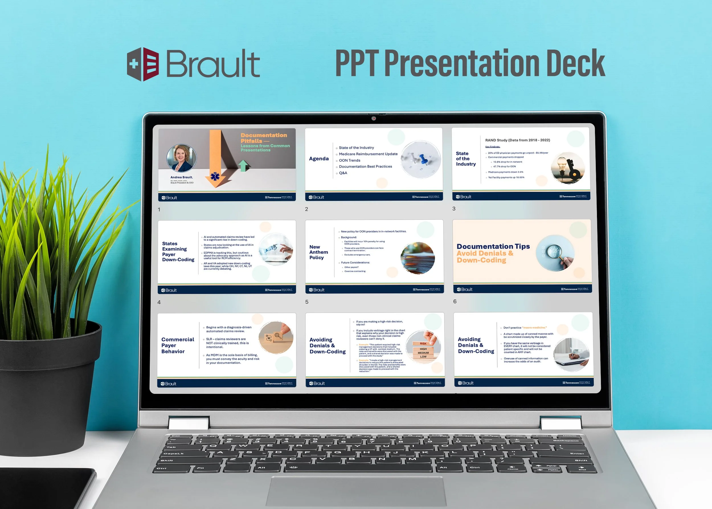 Laptop displaying a PowerPoint presentation deck titled "PPT Presentation Deck" with slides related to documentation tips, industry updates, and policies, placed on a desk with a potted plant on the left side, against a blue wall background.