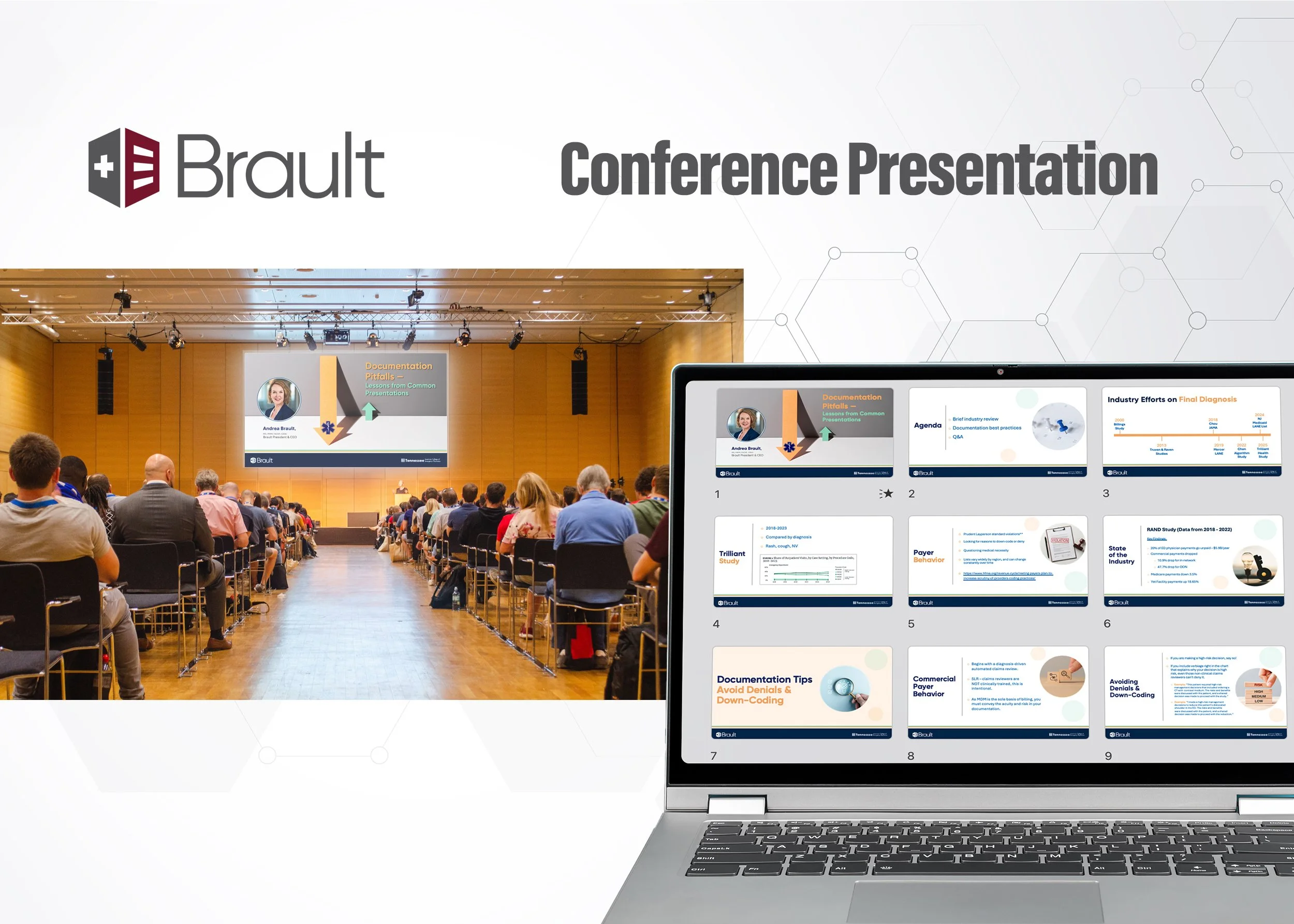 Laptop displaying a PowerPoint presentation deck titled "PPT Presentation Deck" with slides related to documentation tips, industry updates, and policies, placed on a desk with a potted plant on the left side, against a blue wall background.