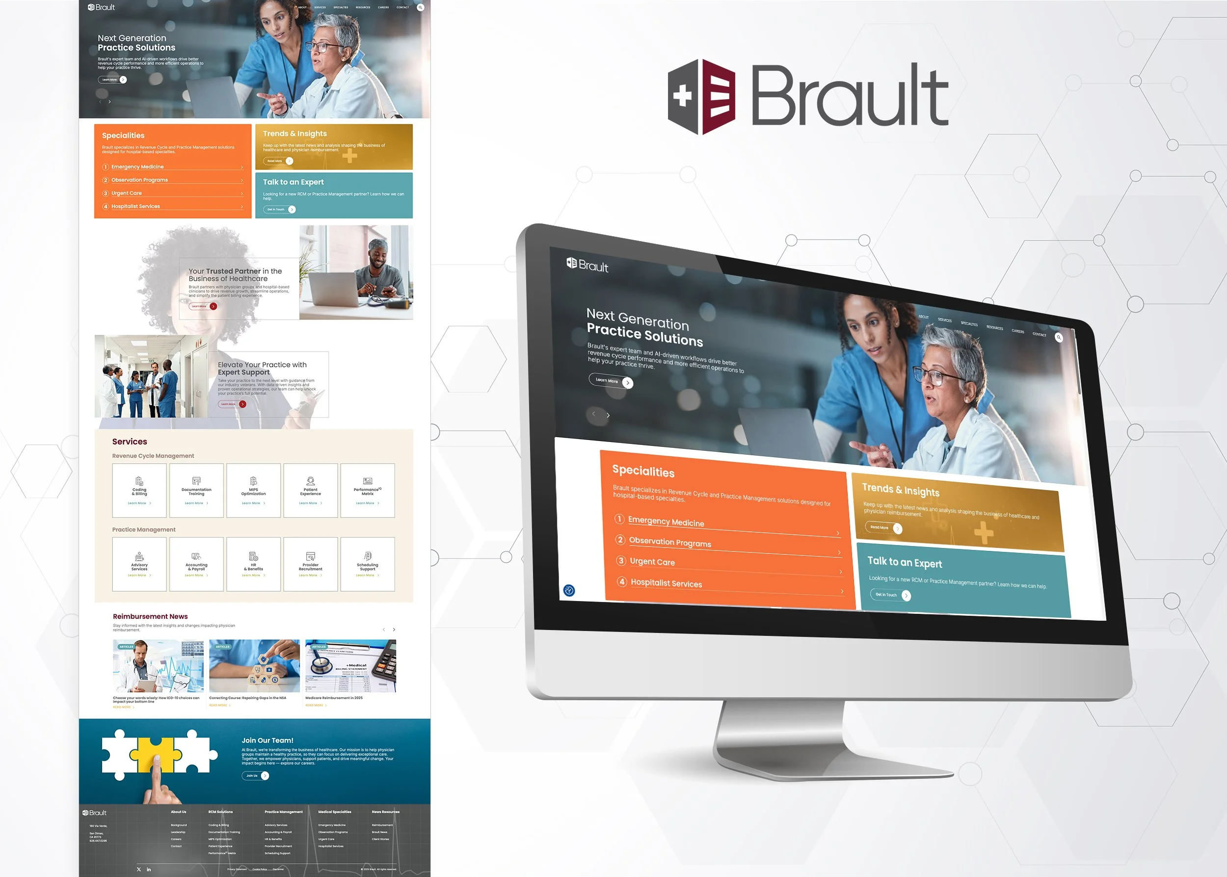 A website for Brault Practice Solutions showcasing a new brand refresh and full site redesign, with sections on specialties, Trends & Insights, and expert consultation, displayed on a computer monitor and featuring the full landing page.