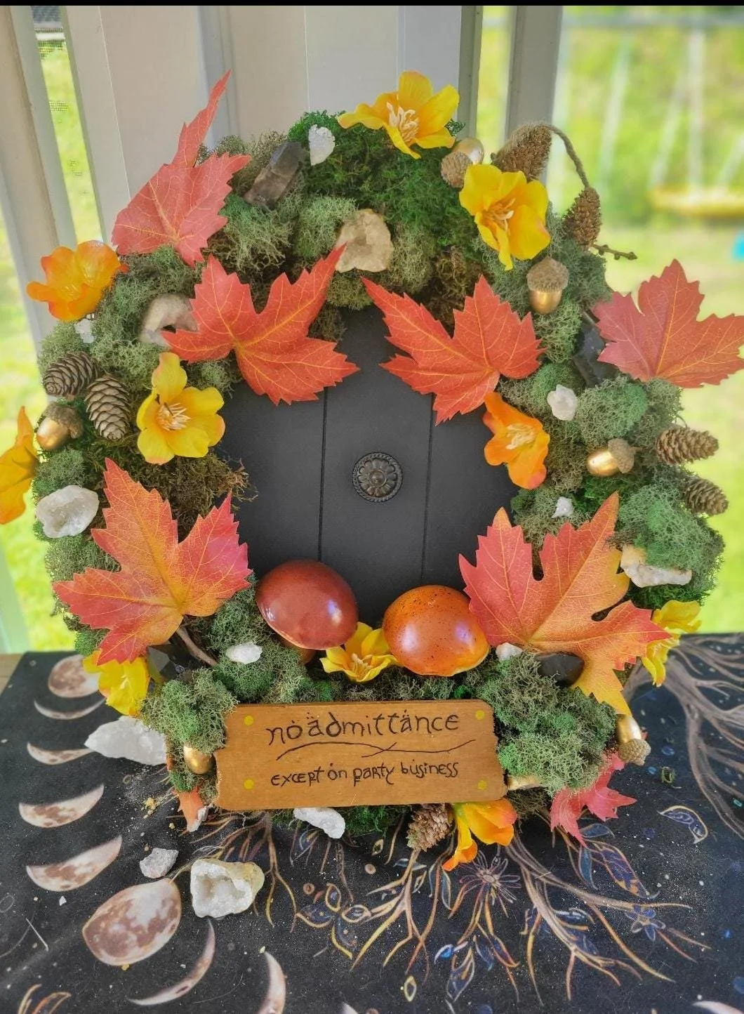 Handmade Navy Blue Mines of Moria Hobbit Door Wreath with Geodes and Crystals