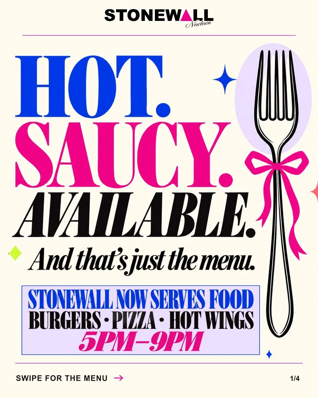 Hot. Saucy. Available. And that&rsquo;s just the menu. 😉
Burgers, pizza and half a kilo of hot wings have entered the chat.
Food at Stonewall, 5pm&ndash;9pm. 🍔🍕🔥