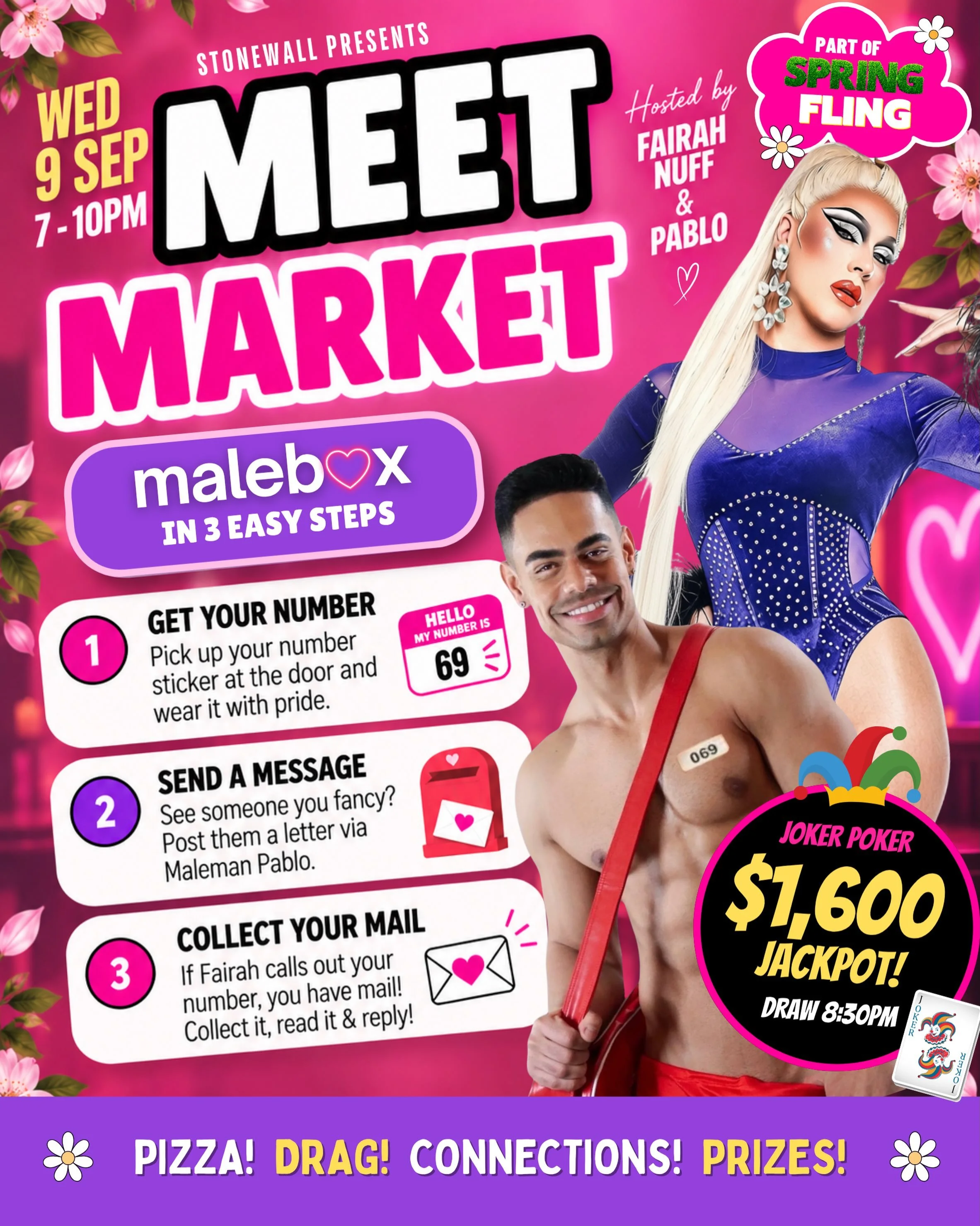 Meet Market is back tonight 💌🌸 Fairah Nuff + Pablo are hosting a night of drag, pizza, flirting and Malebox mischief &mdash; plus Joker Poker is sitting at a juicy $1,600 jackpot 🃏💸 See you from 7pm.