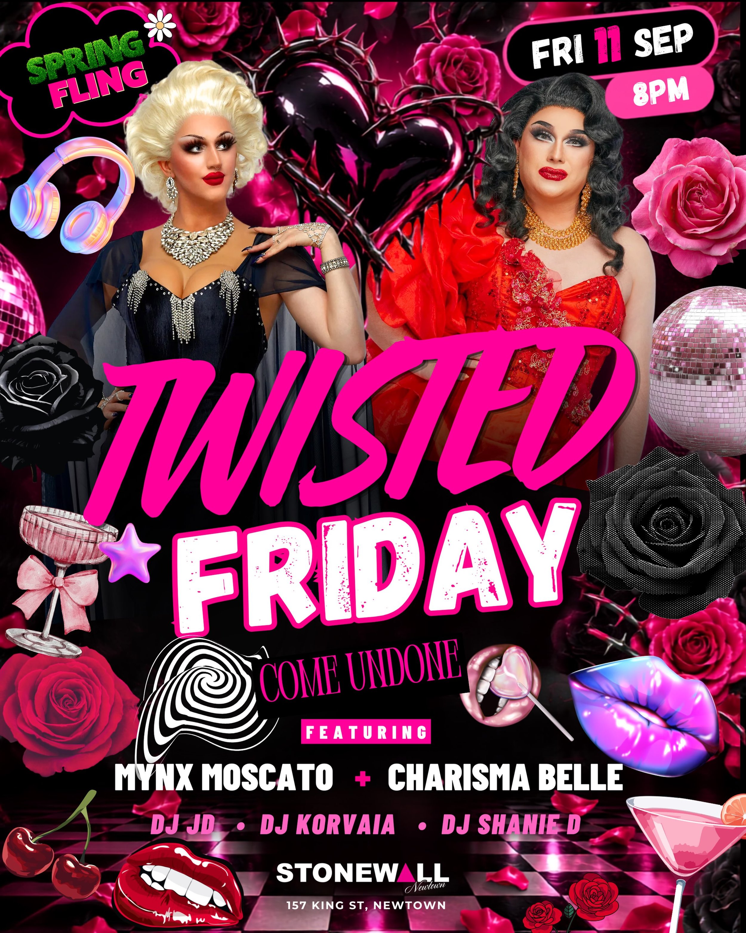 Spring has sprung&hellip; a dark side 🥀🖤 Mynx Moscato and Charisma Belle are your hosts for the evening, with DJ JD, DJ Korvaia + DJ Shanie D behind the decks. Dress up. Stay out. Come undone. Tonight.