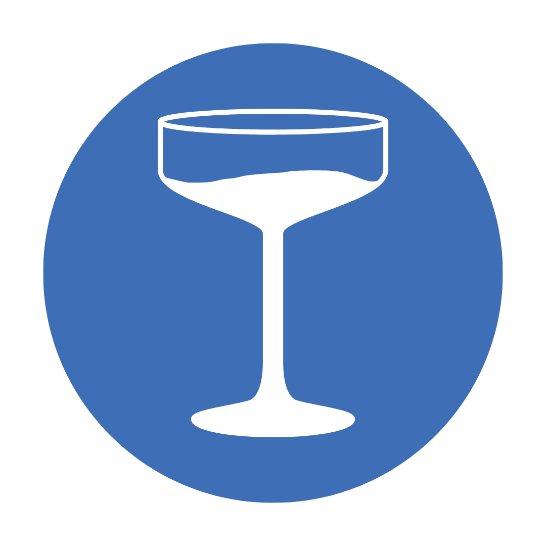 Icon of a cocktail glass on a blue circular background.