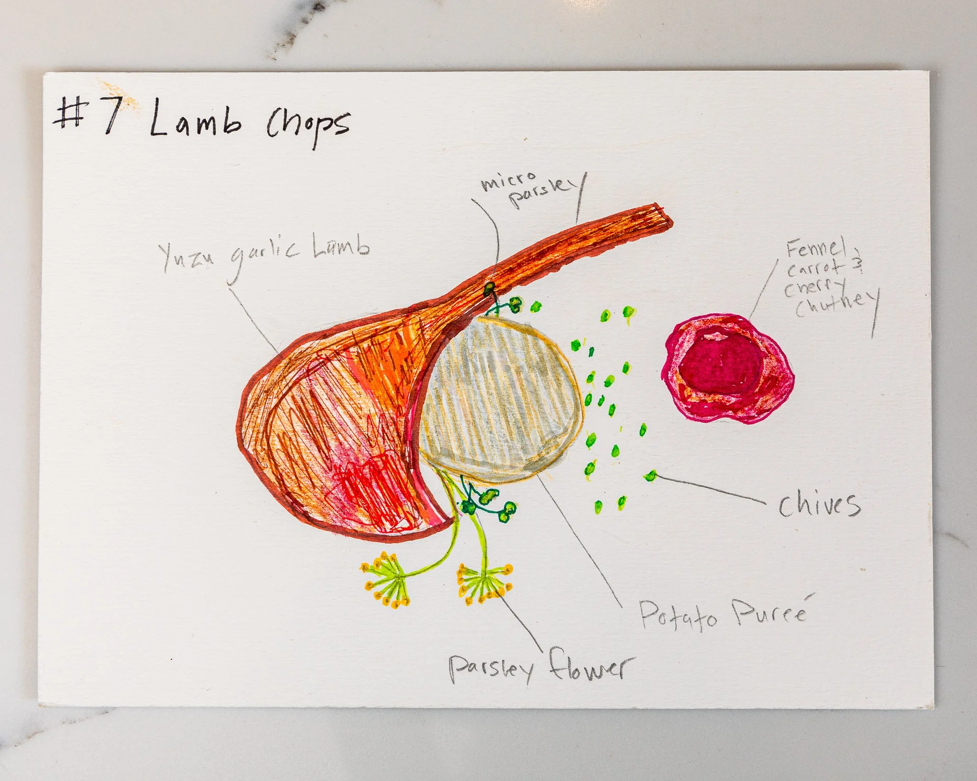 A hand-drawn illustration of a lamb chop with labels indicating ingredients: garlic lamb, micro parsley, fenugreek, cherry chutney, potato puree, parsley flower. The illustration is colored with markers and has handwritten labels.