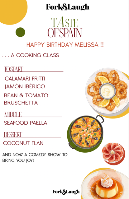 Menu for a Spanish-themed celebration including dishes like calamari fritti, Iberico ham, bean and tomato bruschetta, seafood paella, and coconut flan with images of fried calamari, paella, and flan.