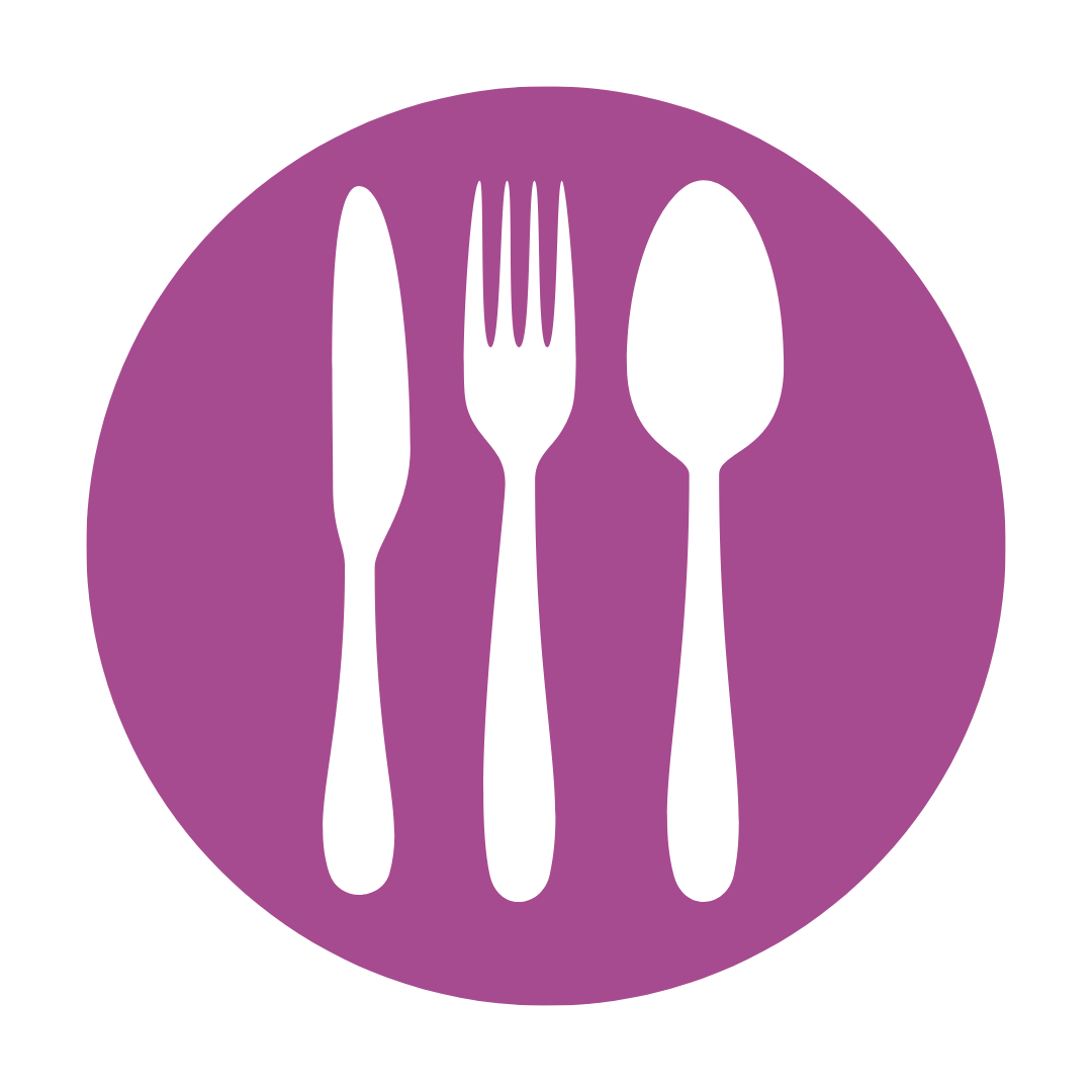 Silhouette of a knife, fork, and spoon on a purple circular background, representing dining or restaurant services.