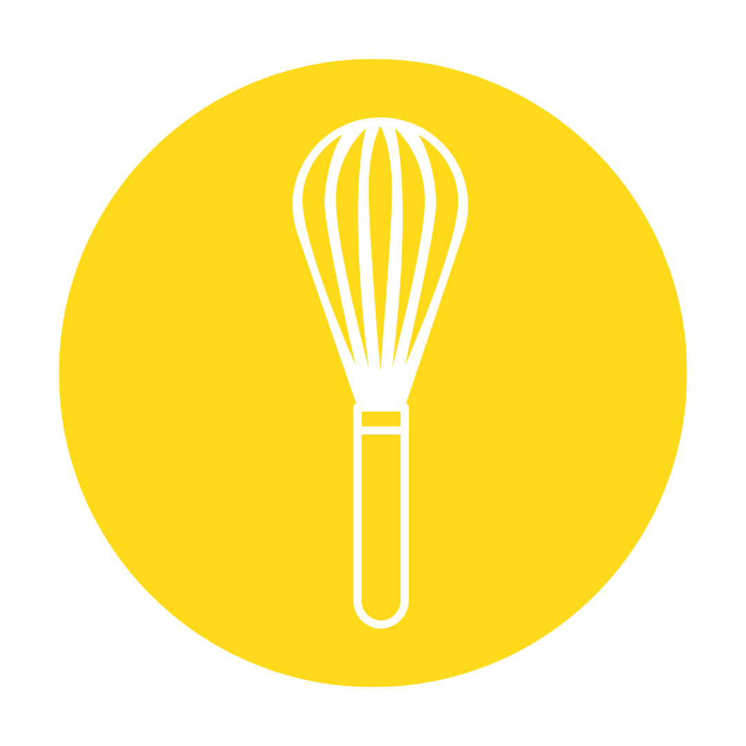 Icon of a whisk with a white outline on a yellow circular background.