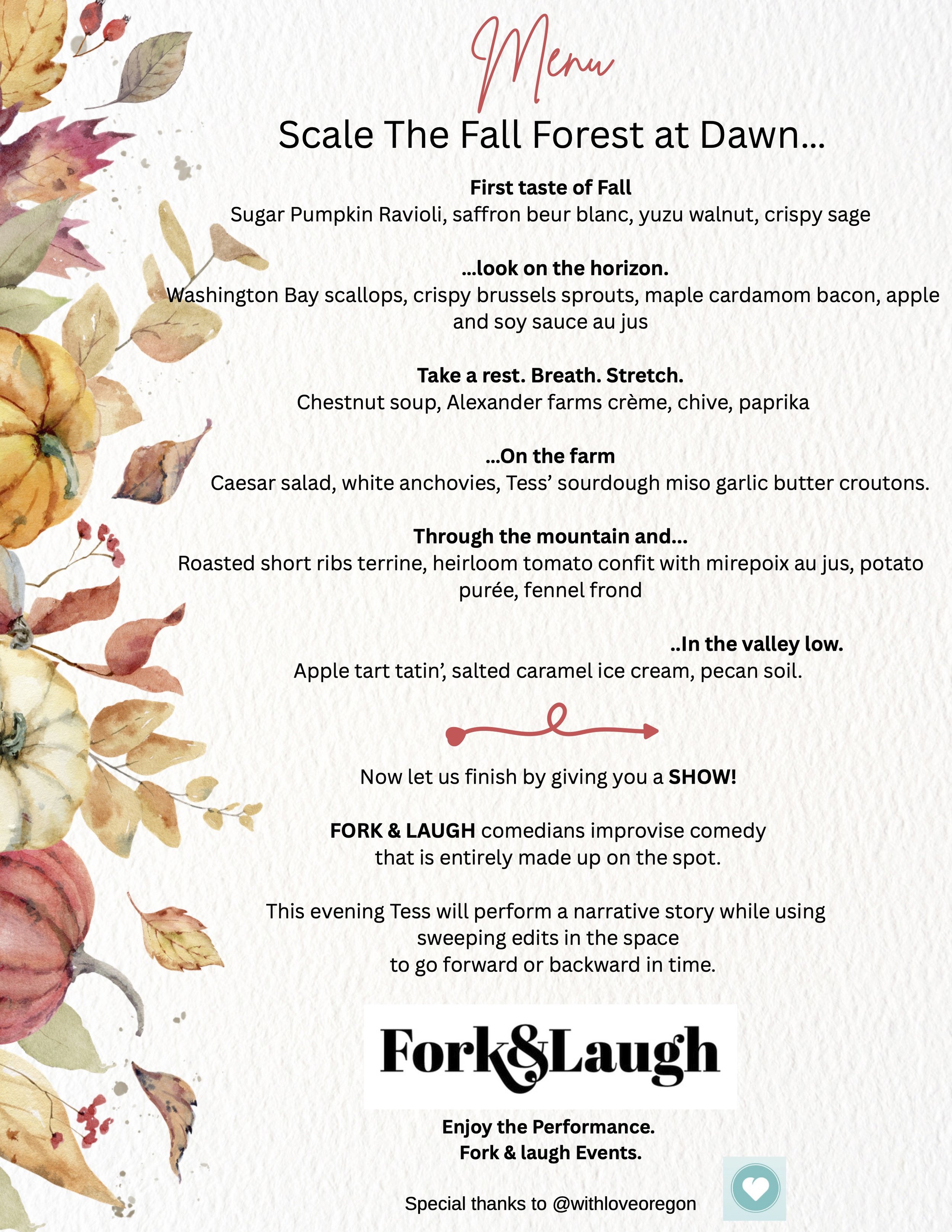 Text on a fall-themed event program titled 'Scale The Fall Forest at Dawn...' with a decorative fall leaf border on the left side, listing various menu items and event details.