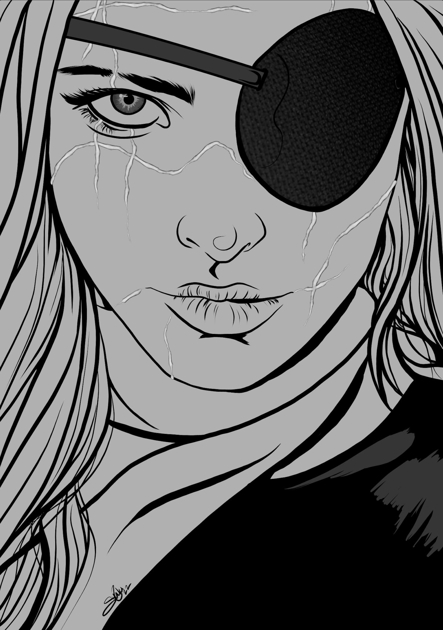 A black-and-white digital drawing of a woman with long wavy hair, wearing an eye patch over her right eye, with a detailed eye and expressive facial features.