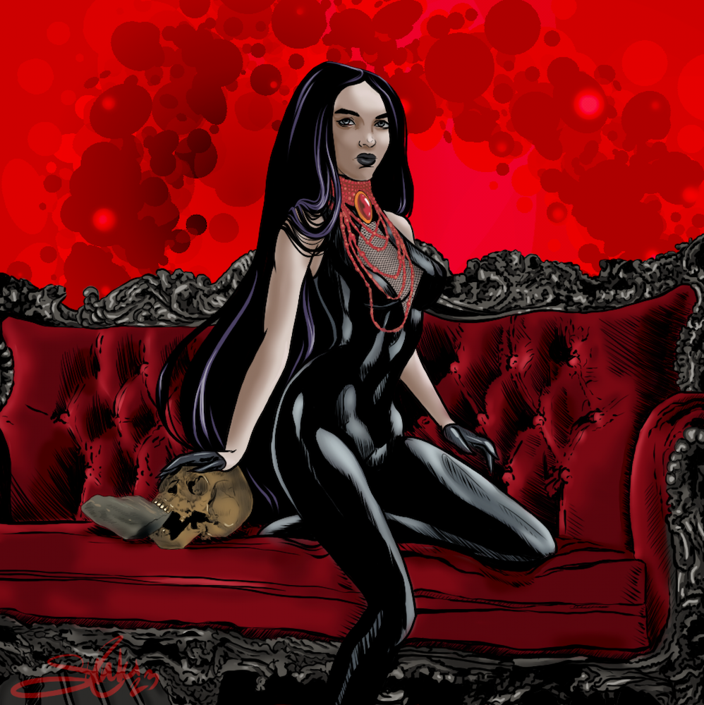 Digital illustration of a dark-haired woman in a black latex outfit sitting on a red vintage sofa, holding a skull in one hand, with a red background and black decorative elements.