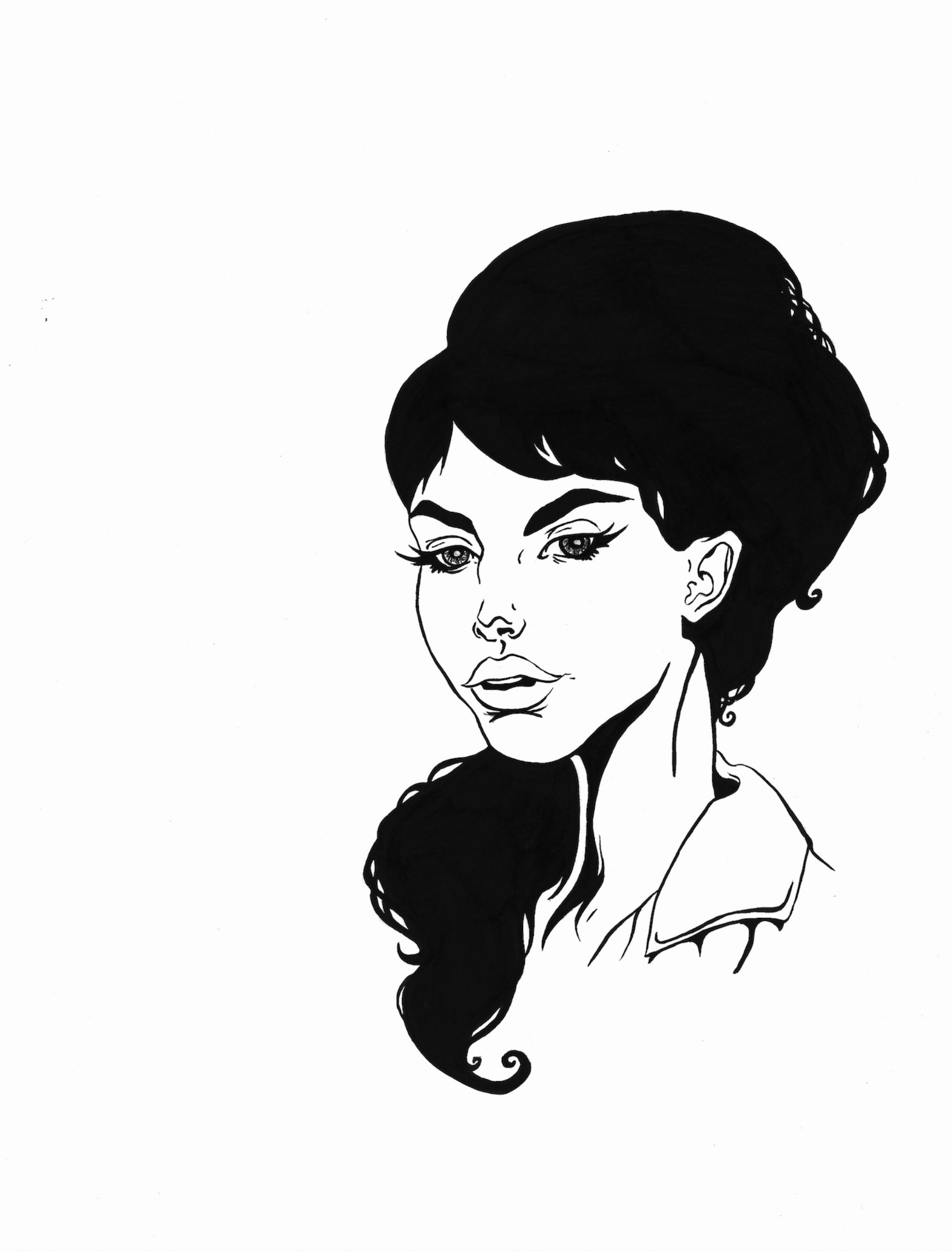 A black and white illustration of a woman with styled, voluminous hair, arched eyebrows, pronounced eyeliner, and a slightly open mouth, wearing a collared shirt.
