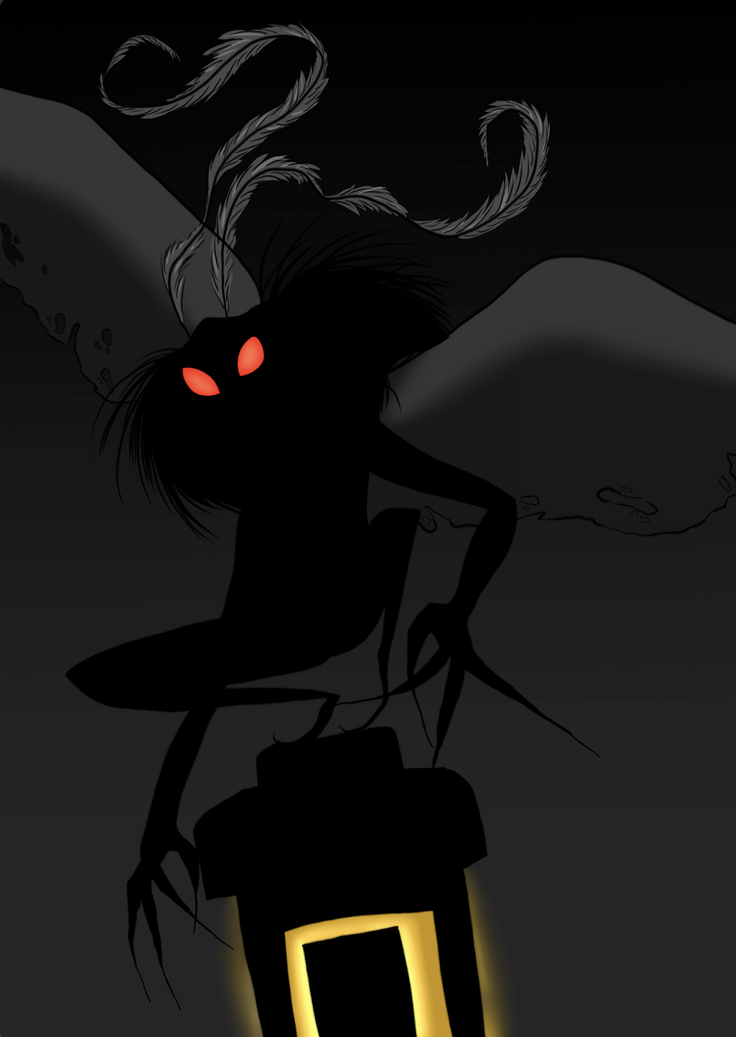 A cartoon black cat with glowing red eyes, sitting under a full moon, with a dark night sky background.
