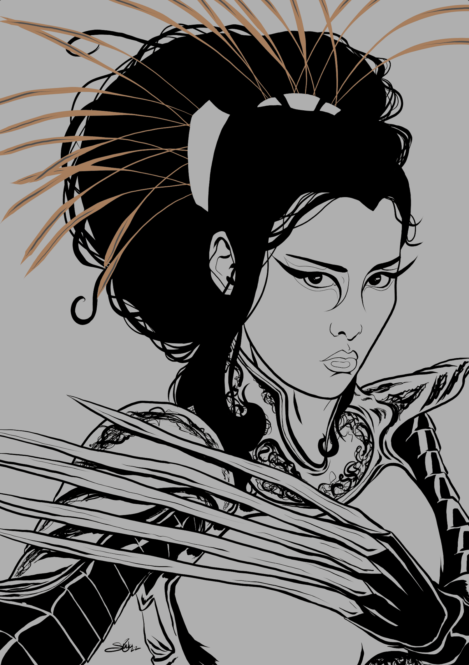 A digital illustration of a woman with black hair styled in an elaborate updo, wearing traditional clothing with detailed patterns. She has a serious expression, and her face is partially obscured by large, flowing leaves or feathers.