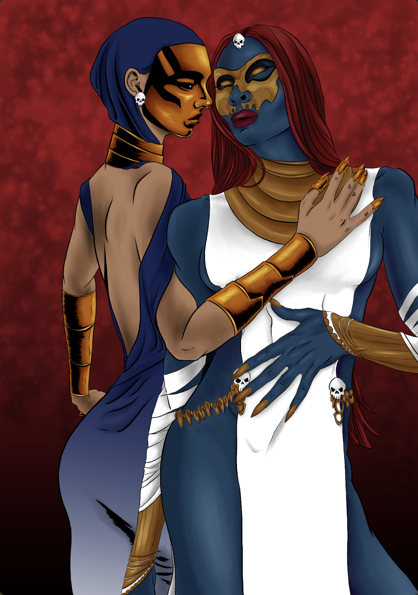 Two women with blue and orange-themed facial and body paint, wearing skull jewelry and gold accessories, in a close pose against a red, textured background.