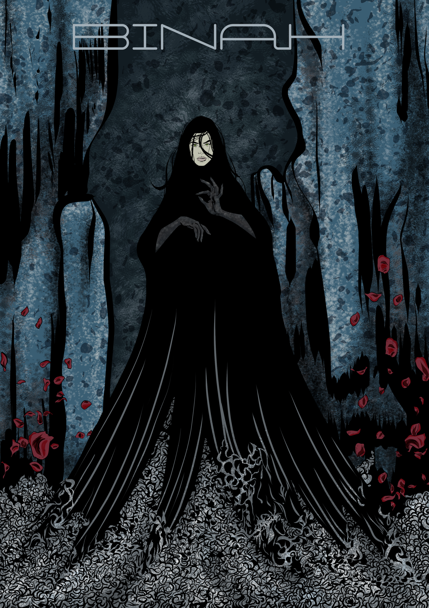 A dark, stylized illustration of a woman with long black hair wearing a black gown, sitting in a mysterious, shadowy environment. The background features textured blue and black elements, with red rose petals scattered around.