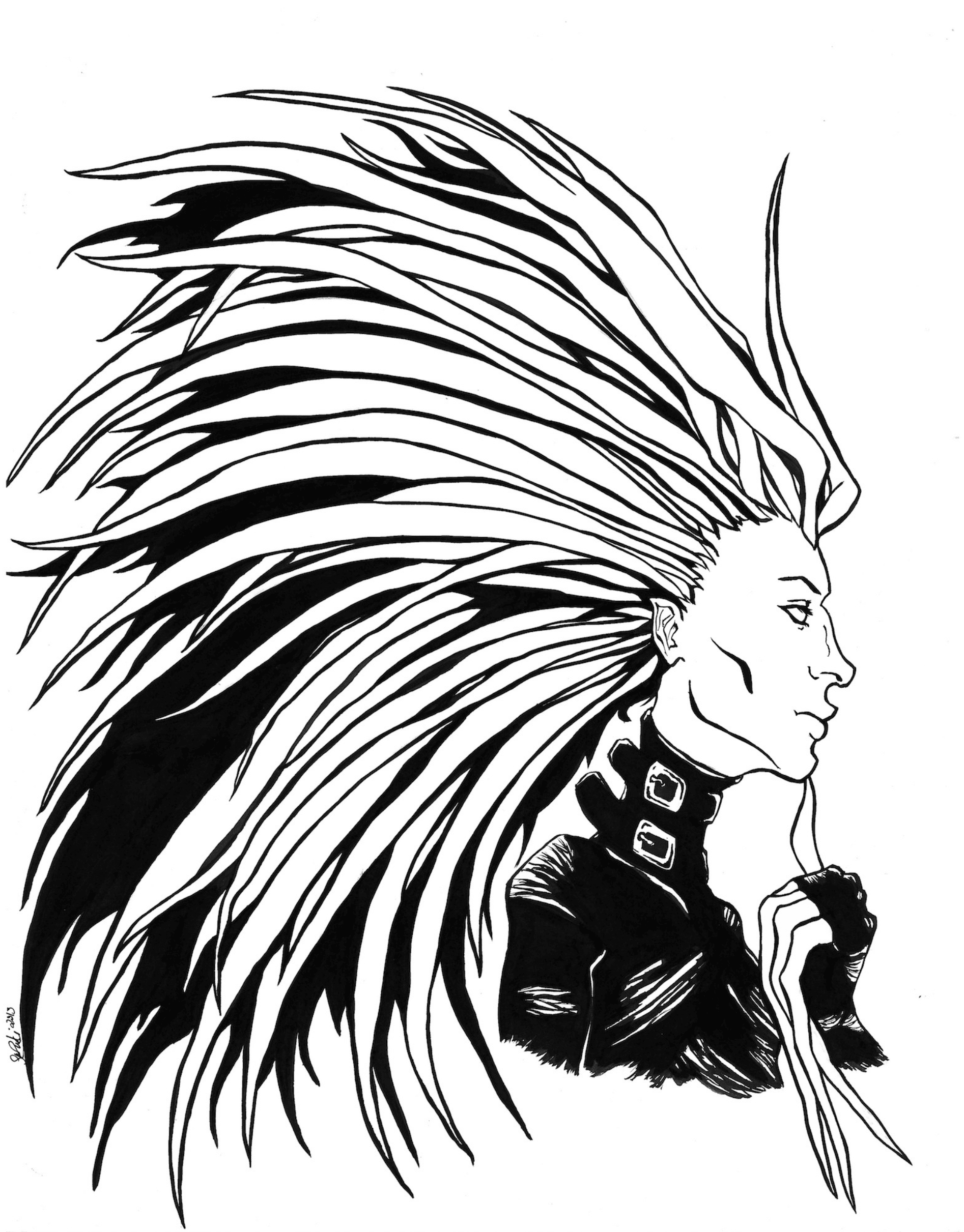 Black and white illustration of a woman with large detailed hair, wearing a choker and a bracelet. She is in profile.