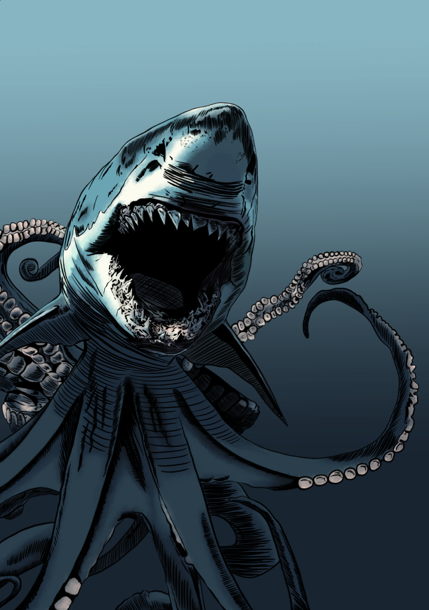 Digital illustration of a large, menacing shark with wide open mouth revealing sharp teeth, with tentacle-like appendages surrounding it against a blue underwater background.