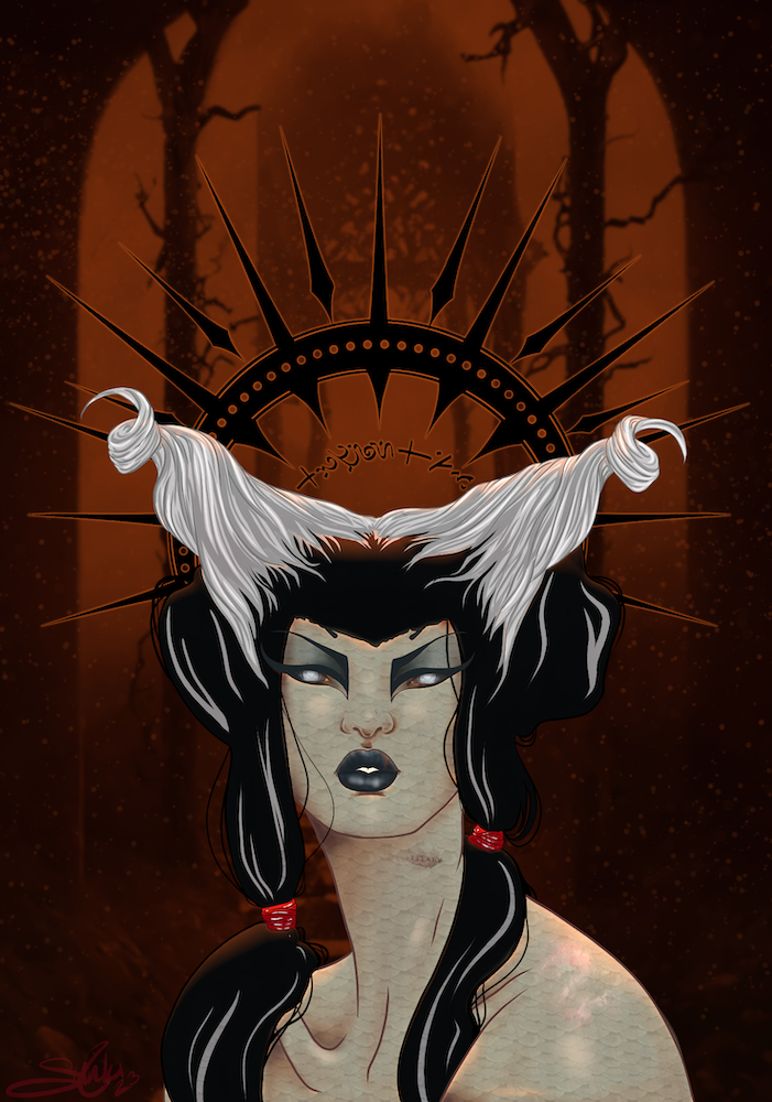Digital illustration of a woman with dark hair, white horns, and a dark makeup look, set against a fantasy-themed background with a glowing orange moon and gothic elements.