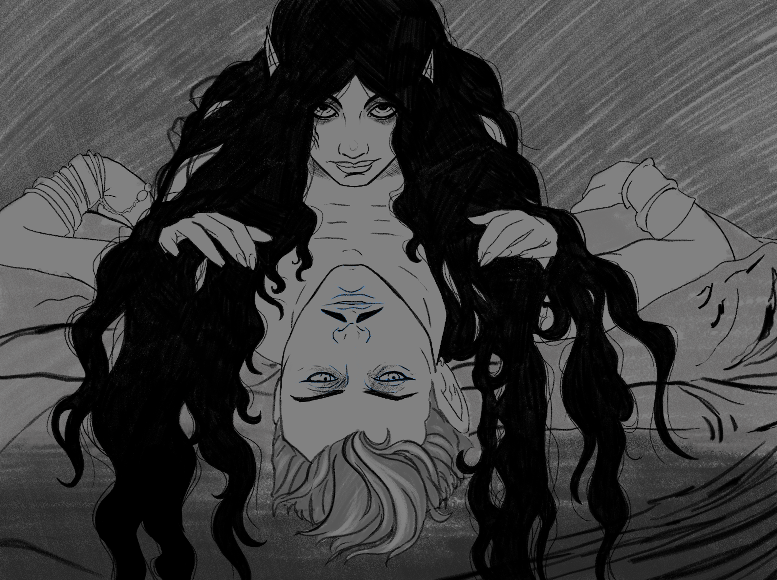 Drawing of a woman with long black hair, smiling, looking down at a man with his eyes closed, lying underneath her. The woman is behind the man, with her hands holding his shoulders.