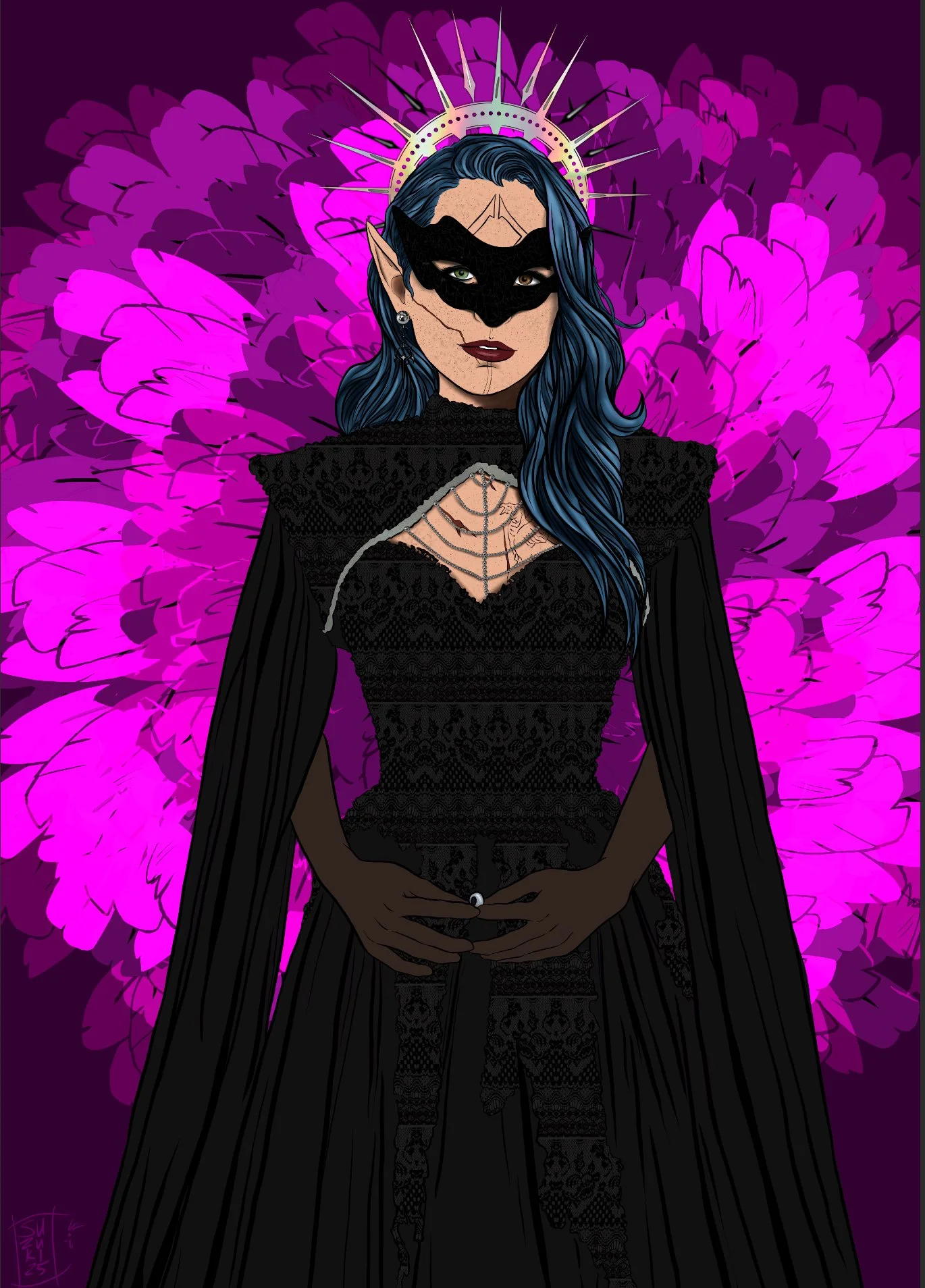 A digital illustration of a woman with elf-like ears and long dark blue hair, wearing a black lace dress, a black mask, and a black cape, with a purple and pink flower background and a glowing halo behind her head.