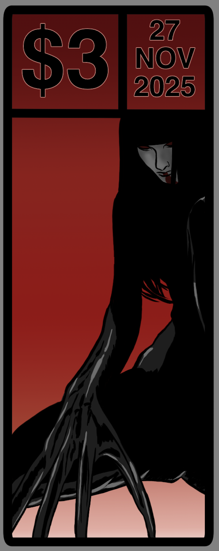 A comic-style illustration of a woman with pale skin and dark hair, with a serious expression, set against a red gradient background. The top left corner shows the price "$3" and the top right corner shows the date "27 NOV 2025".