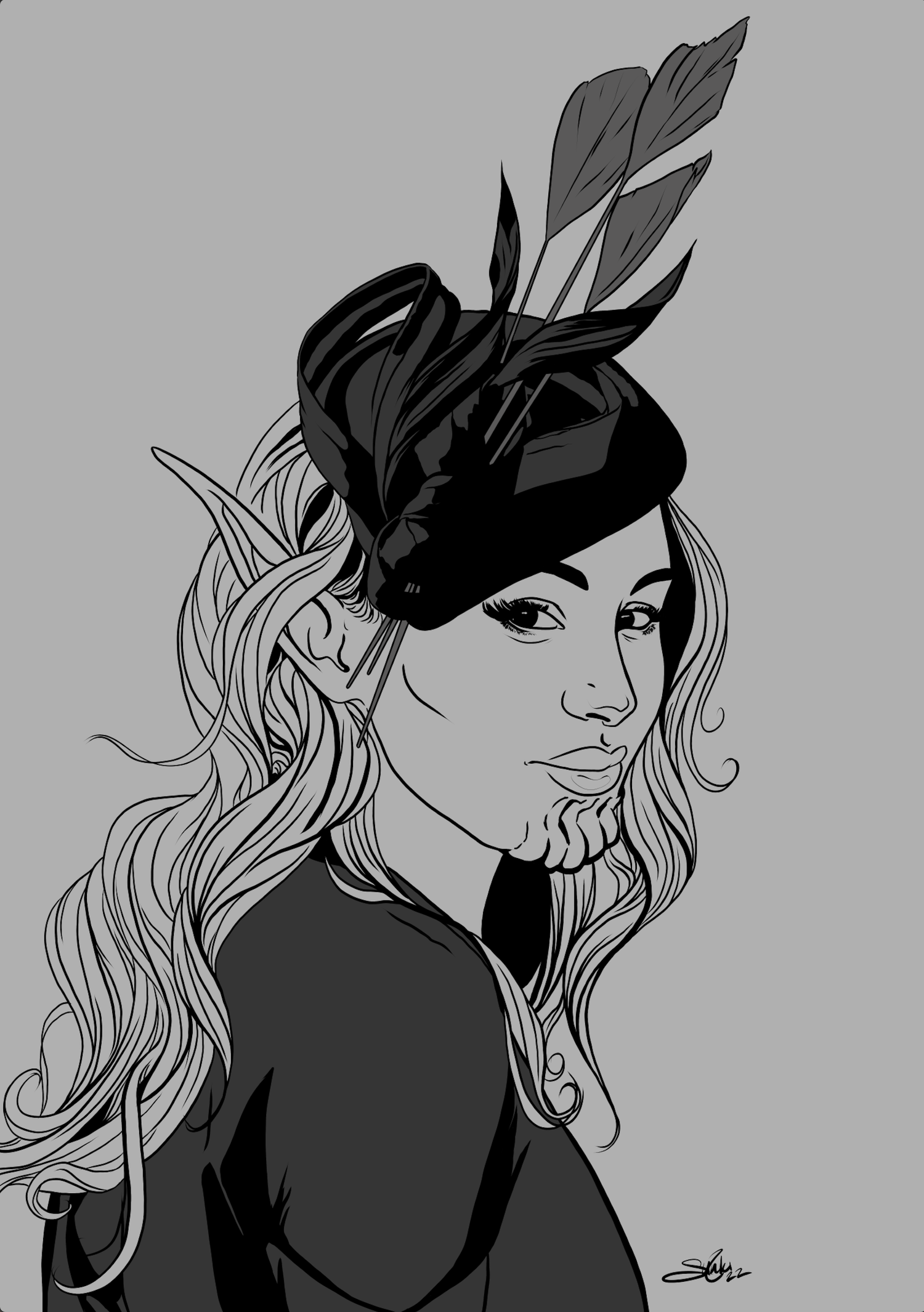 A black and white digital illustration of a woman with long wavy hair, wearing a vintage-style hat decorated with large leaves, against a gray background.