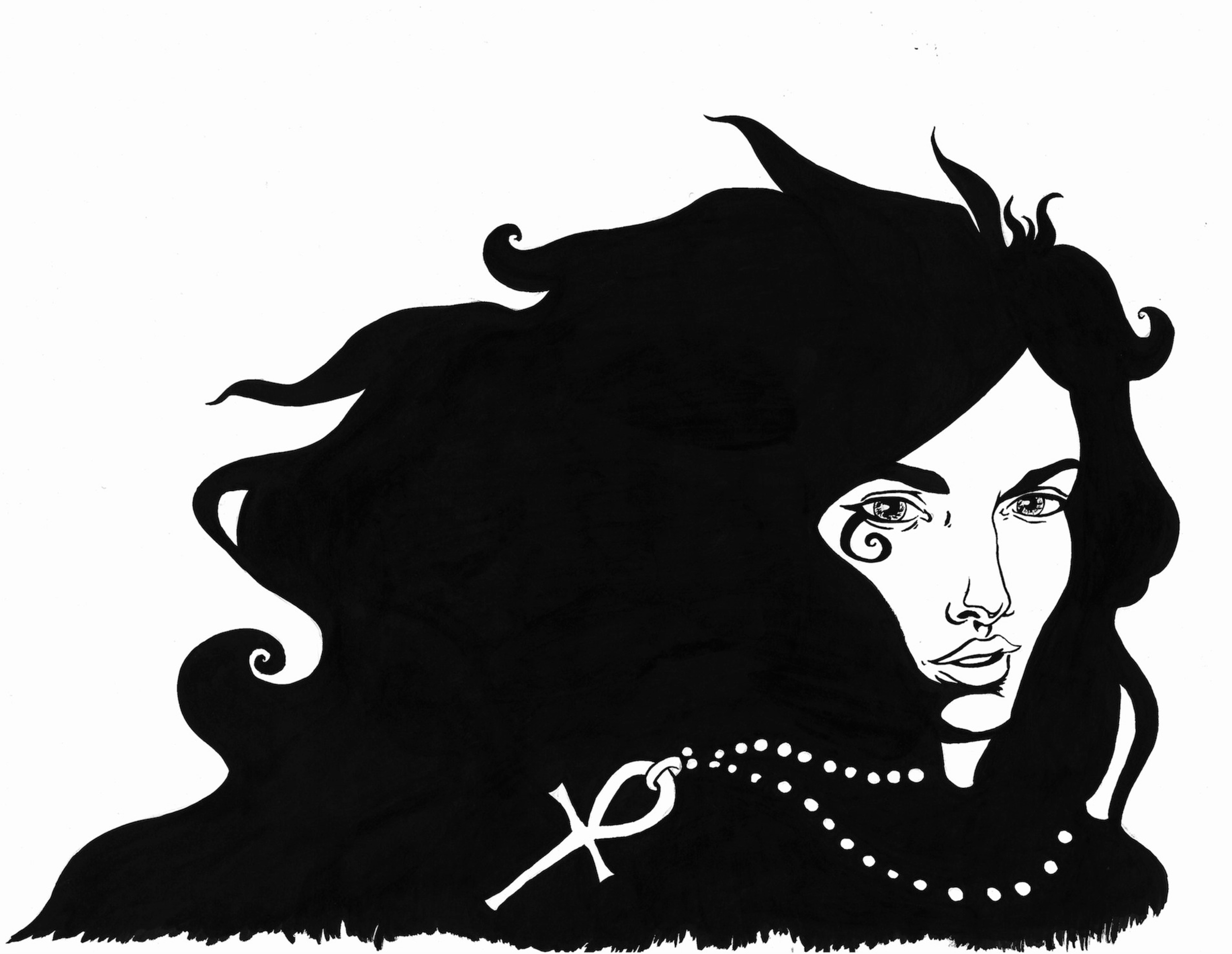 Black and white illustration of a woman with long, curly hair, partial face, and expressive eyes, wearing a pearl necklace, against a plain background.