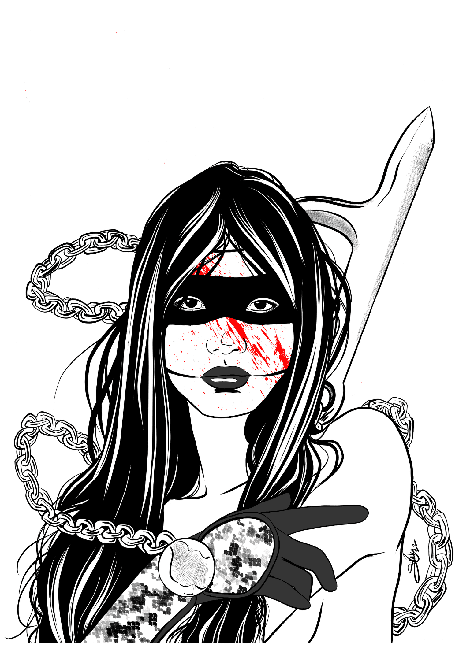 Black and white illustration of a woman with long hair, wearing a mask, with blood on her face, holding boxing gloves, with chains around her shoulders, and a sword behind her head.