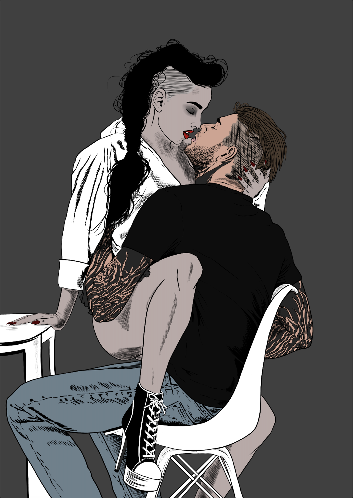 Illustration of a couple sharing an intimate moment, sitting on chairs at a table, with a gray background. The woman has black hair styled in a mohawk with long braids and tattoos on her arms, wearing a white shirt. The man has brown hair, tattoos on