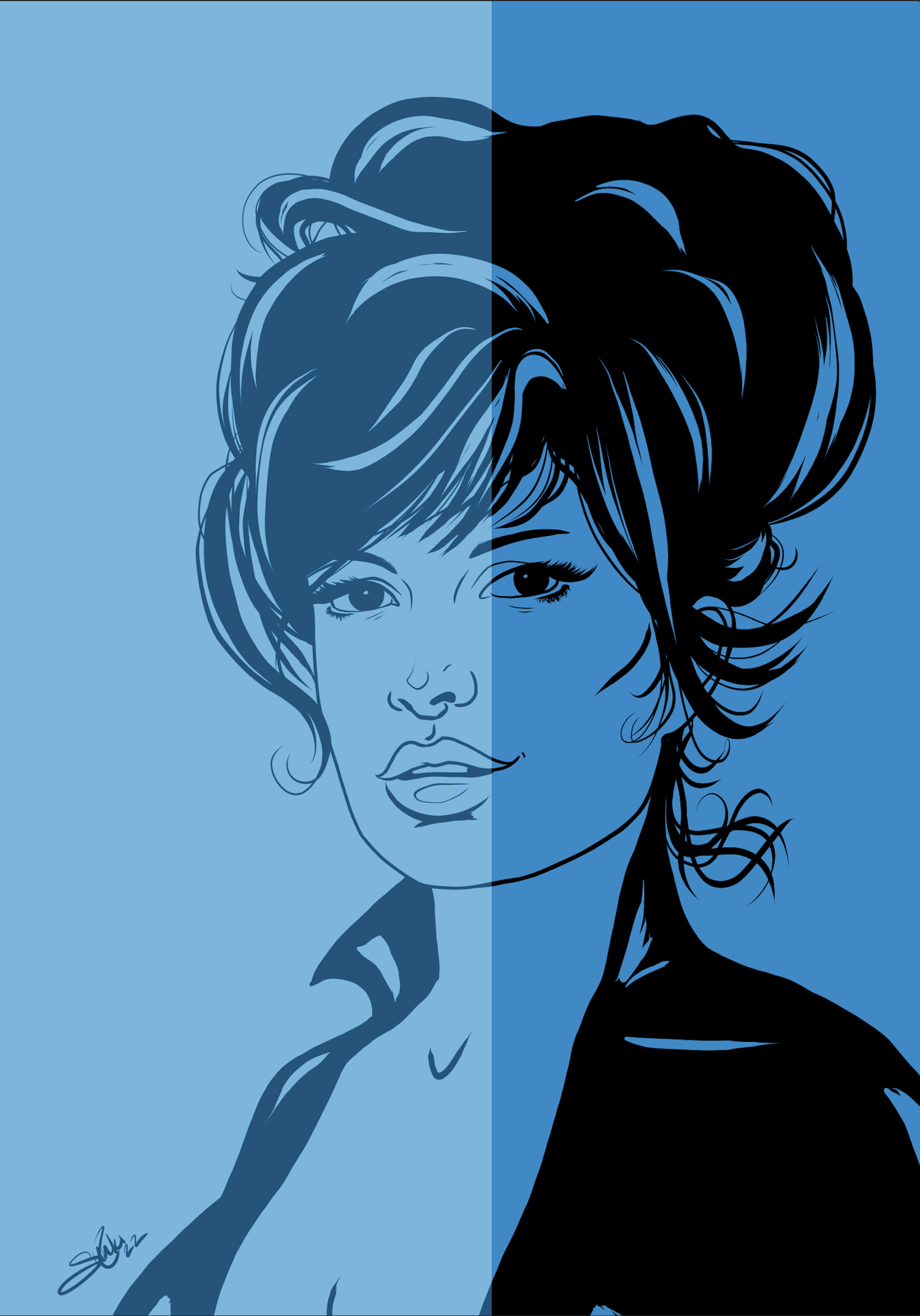 Stylized digital art of a woman's face, split into two halves with opposite color schemes, one light blue and the other black, with flowing hair.