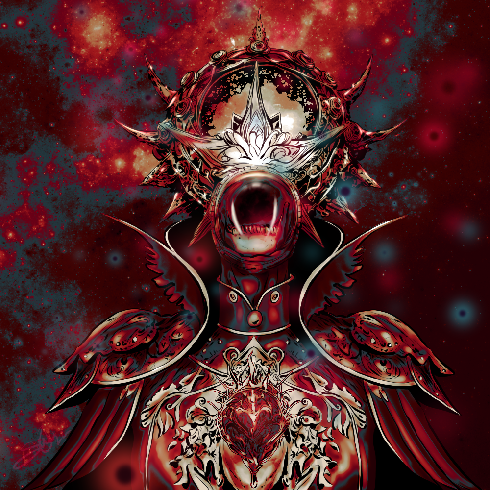 A digital artwork of a fantastical creature with a wolf-like head, elaborate armor, and a cosmic background with red and black hues.