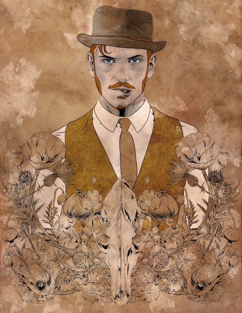 A digitally illustrated portrait of a man with blue eyes, red hair, and a beard, wearing a brown fedora, white shirt, brown tie, and mustard-colored vest. The background is textured brown with floral and animal skull elements at the bottom, giving a 
