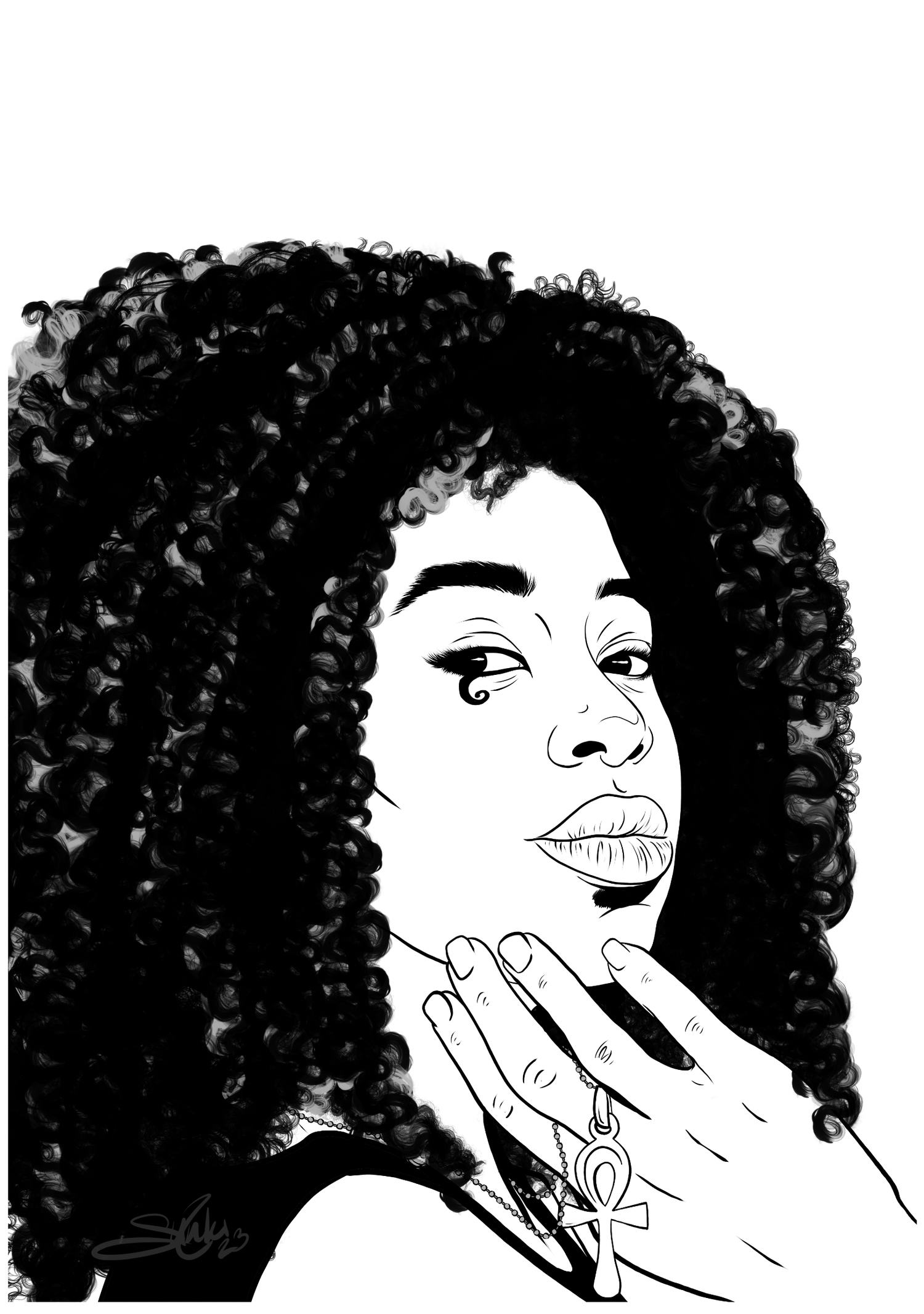 Black and white illustration of a woman with curly hair, holding a cross pendant and wearing multiple necklaces, with her hand near her chin.