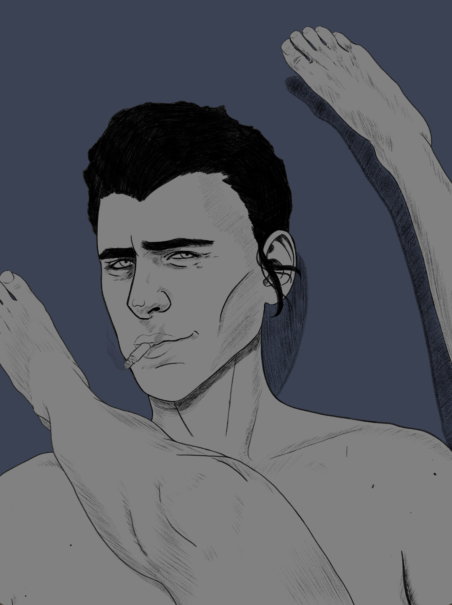 Stylized illustration of a young man with dark hair, intense gaze, and a cigarette in his mouth, with one hand raised above his head against a dark background.
