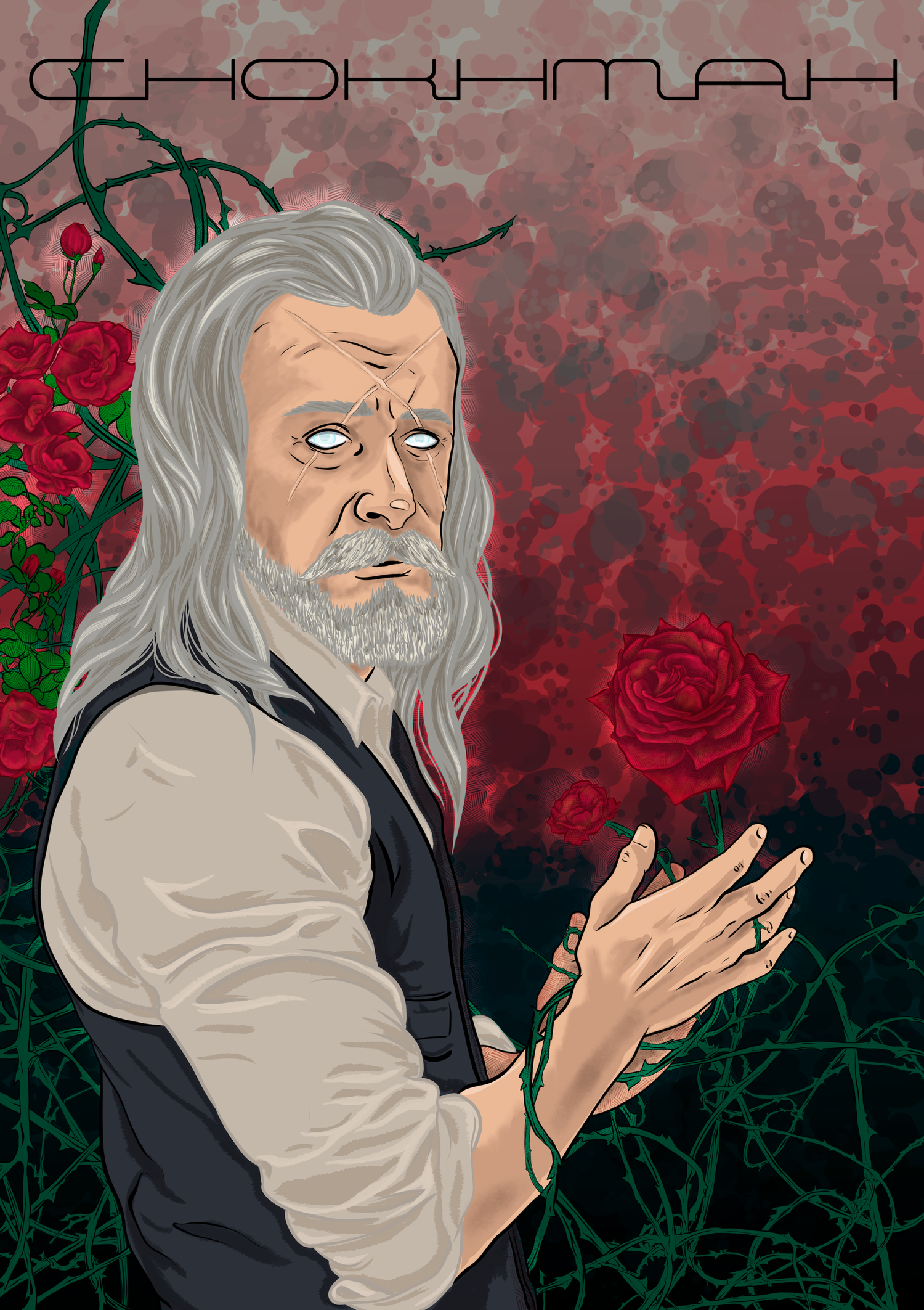 Illustration of a man with long gray hair and a beard, looking upward with glowing eyes, holding a red rose in one hand amidst dark green thorny vines and a background of red and black abstract bubbles and roses.