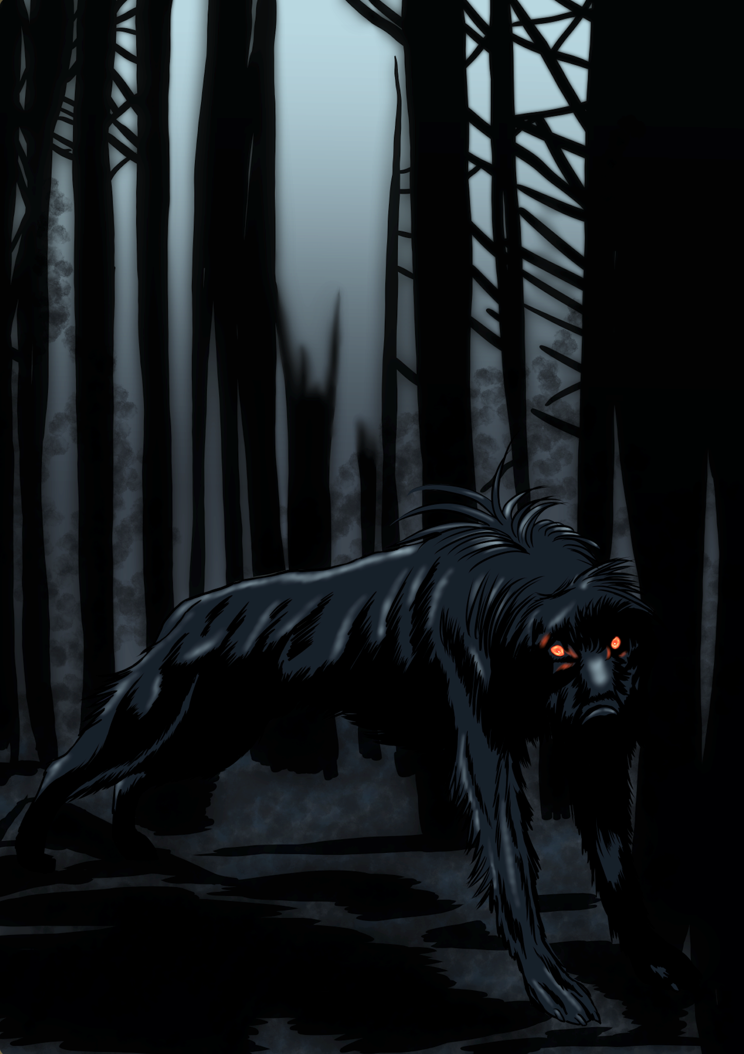 A large, dark wolf with glowing red eyes prowling through a dense, shadowy forest with tall trees and misty background.