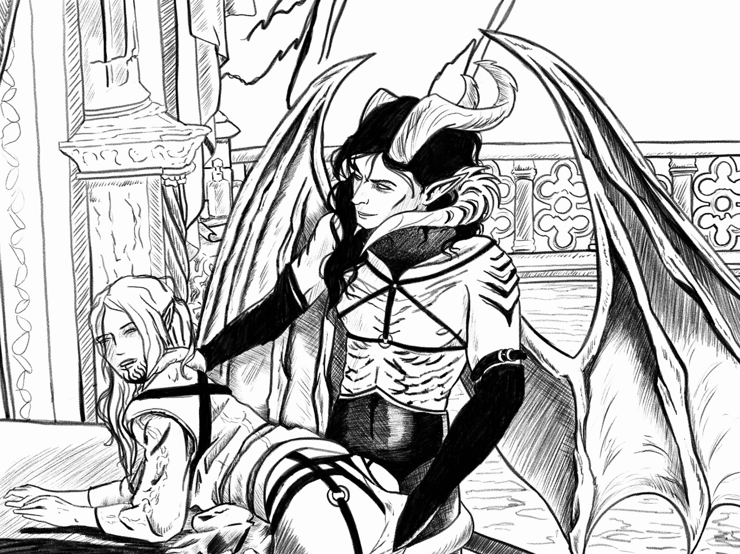 A black and white drawing of a fantasy scene featuring a humanoid creature with horns and pointed ears, dressed in a detailed costume, sitting on a throne next to a bed with a person lying on it, and intricate architectural elements in the background