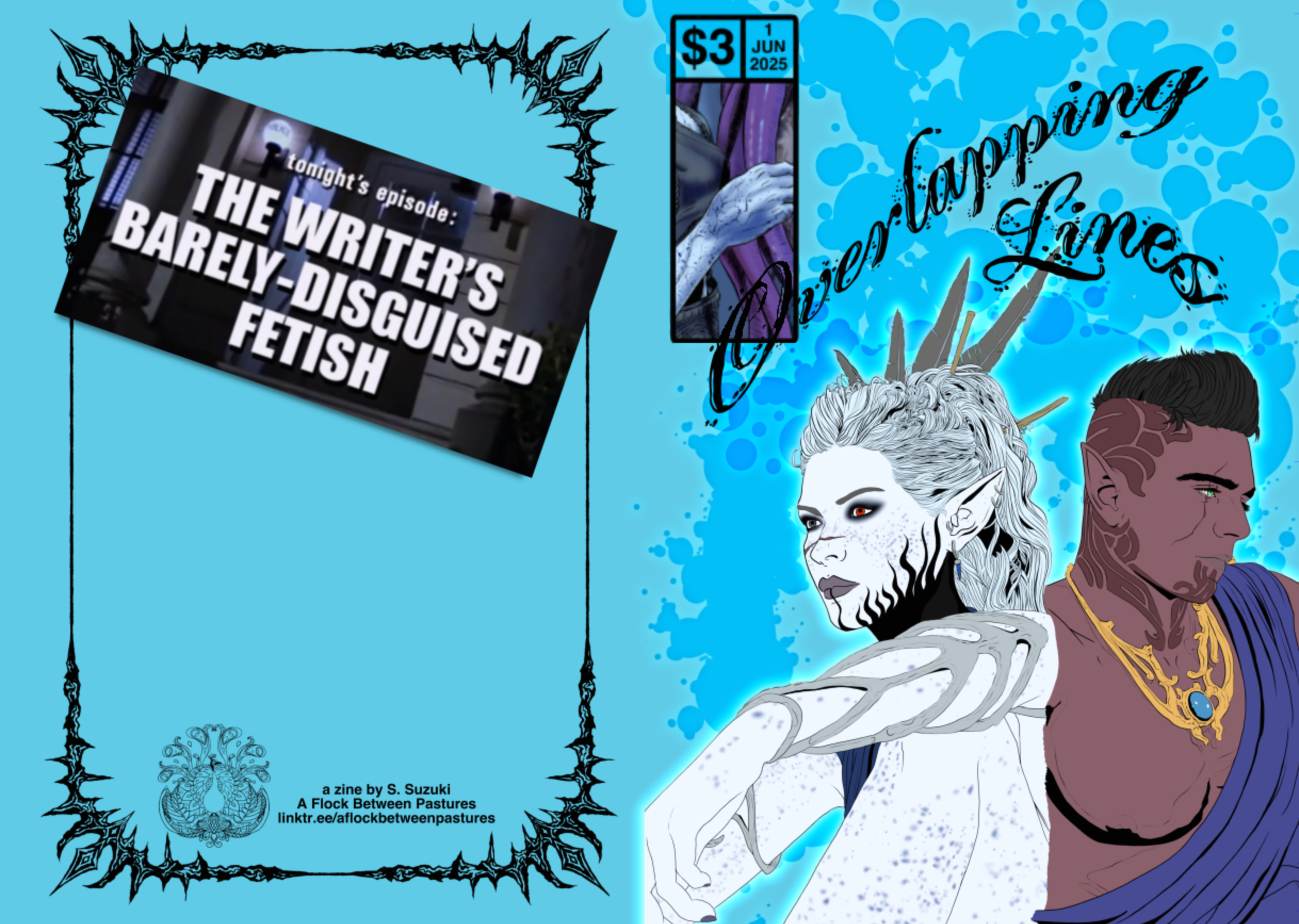 A comic book cover titled 'The Writer's Barely-Disguised Fetish' featuring two illustrated characters with fantasy elements, set against a bright blue background with decorative black borders and a banner indicating the price of $3 and the date June 