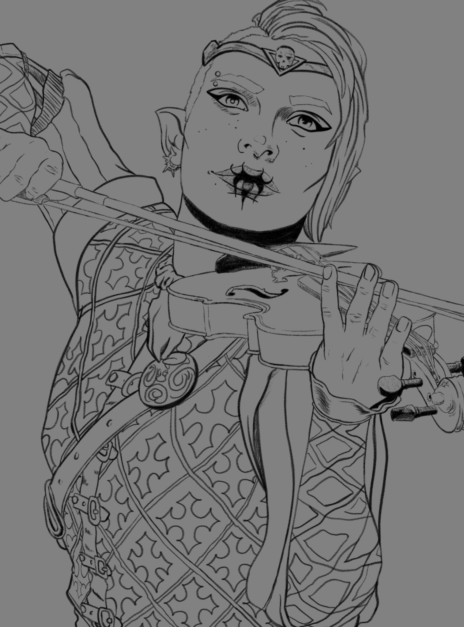 A black and white illustration of a fantasy character with elf-like ears playing a violin. The character has short, styled hair, piercings on the face, and makeup around the eyes. They wear ornate armor with detailed patterns and hold the violin and 