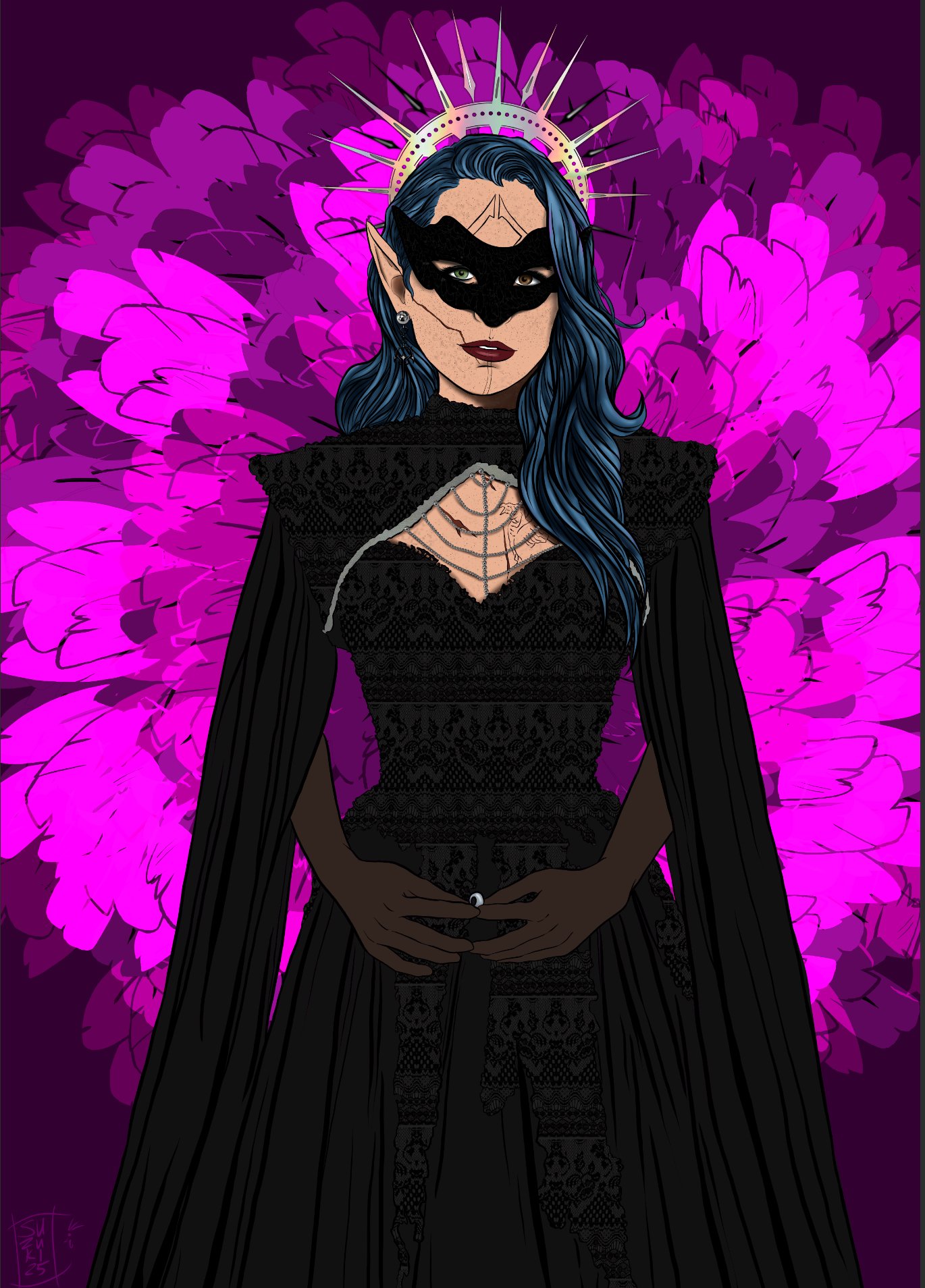 Digital art of a woman with dark blue hair wearing a black mask and dress, surrounded by vibrant pink flowers and a glowing halo behind her head.