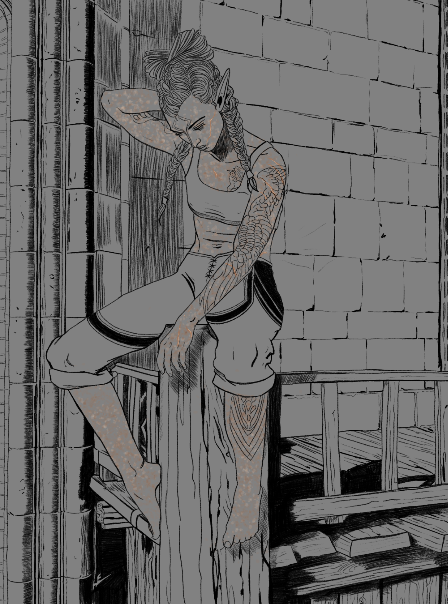 A fantasy illustration of a female elf with braided hair, tattoos on her arms, and pointed ears, sitting on a wooden staircase against a brick wall.