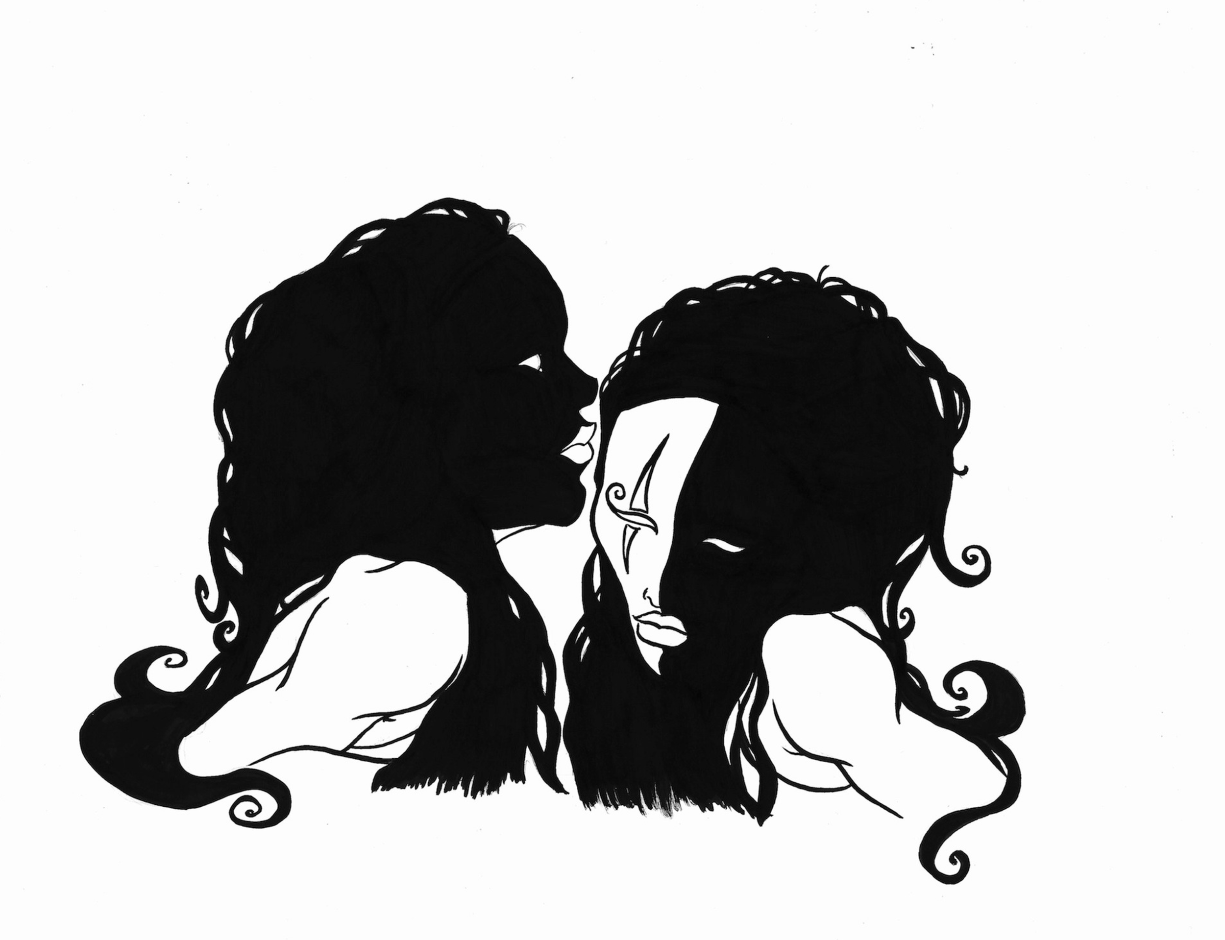 Silhouette illustration of two women with long, curly hair leaning their foreheads together.