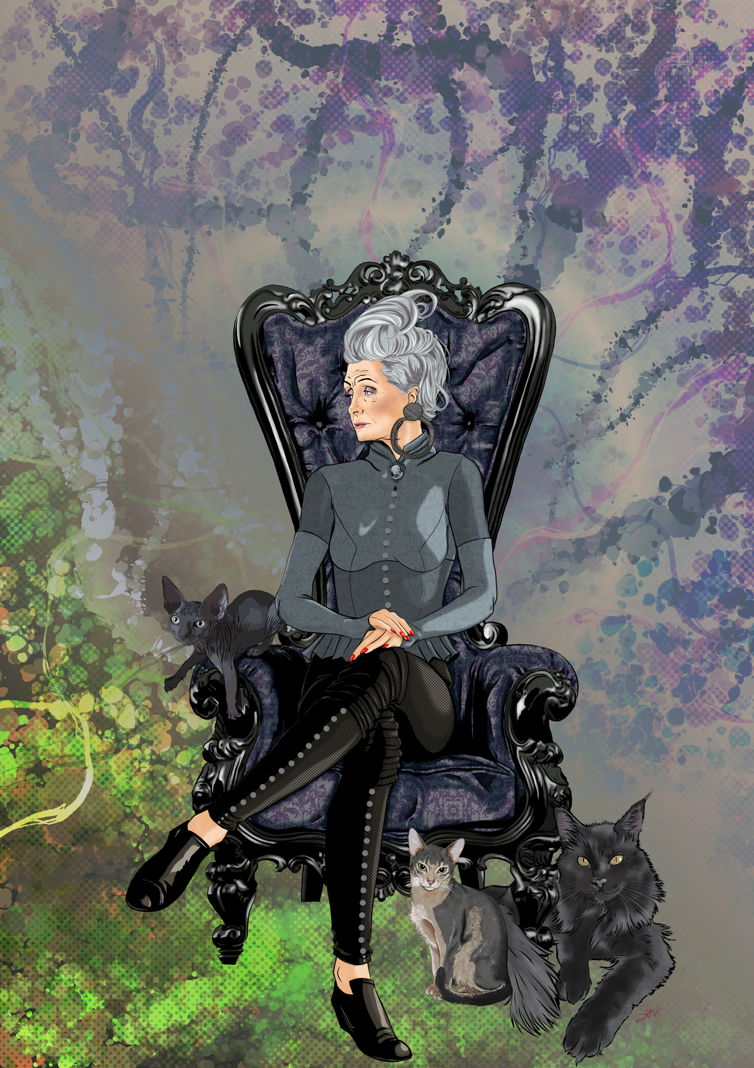 An elderly woman with gray hair styled in an elegant, voluminous updo sits on a black ornate throne with a purple velvet cushion. She is wearing a gray, button-up dress with long sleeves, black patterned tights, and black shoes. She has large earring