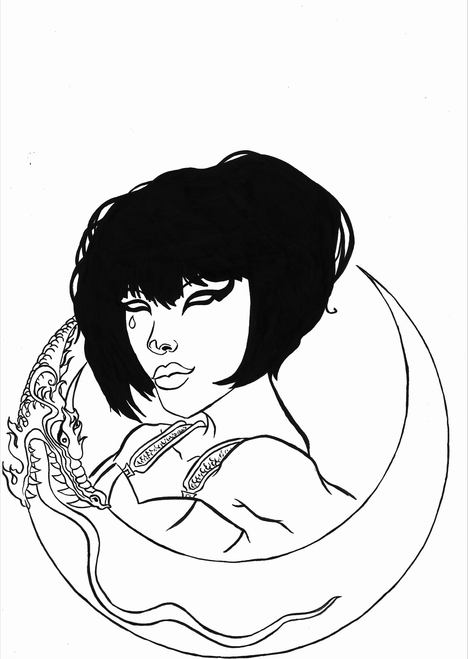 Black and white illustration of a woman with short hair, closed eyes, and slightly pursed lips, holding a dragon-shaped object close to her face, with a minimalist line drawing style.