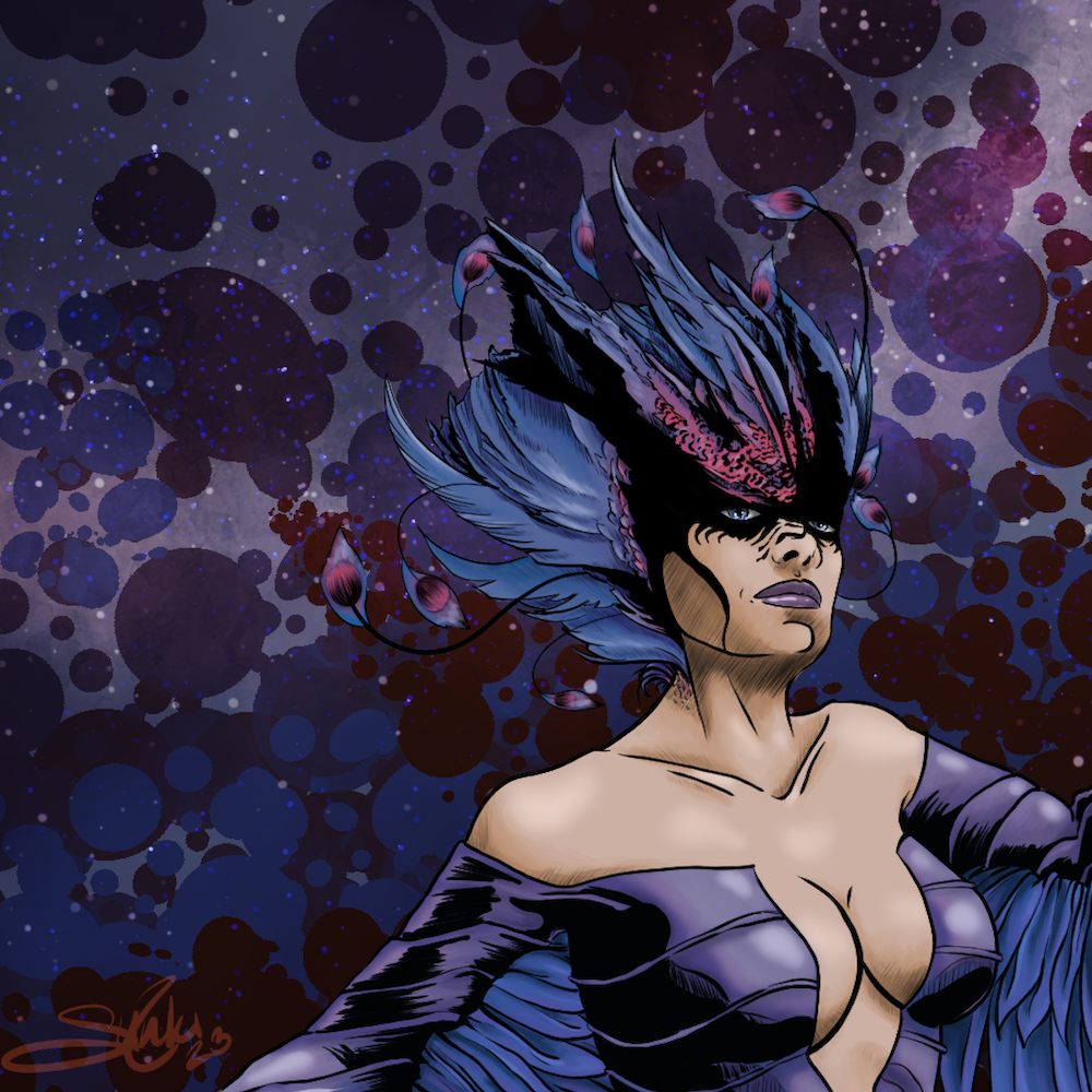 A fantasy illustration of a woman with elaborate blue and purple feathered headdress, dark makeup, and an off-shoulder dress with purple and black tones, set against a cosmic background with various colored bubbles and stars.