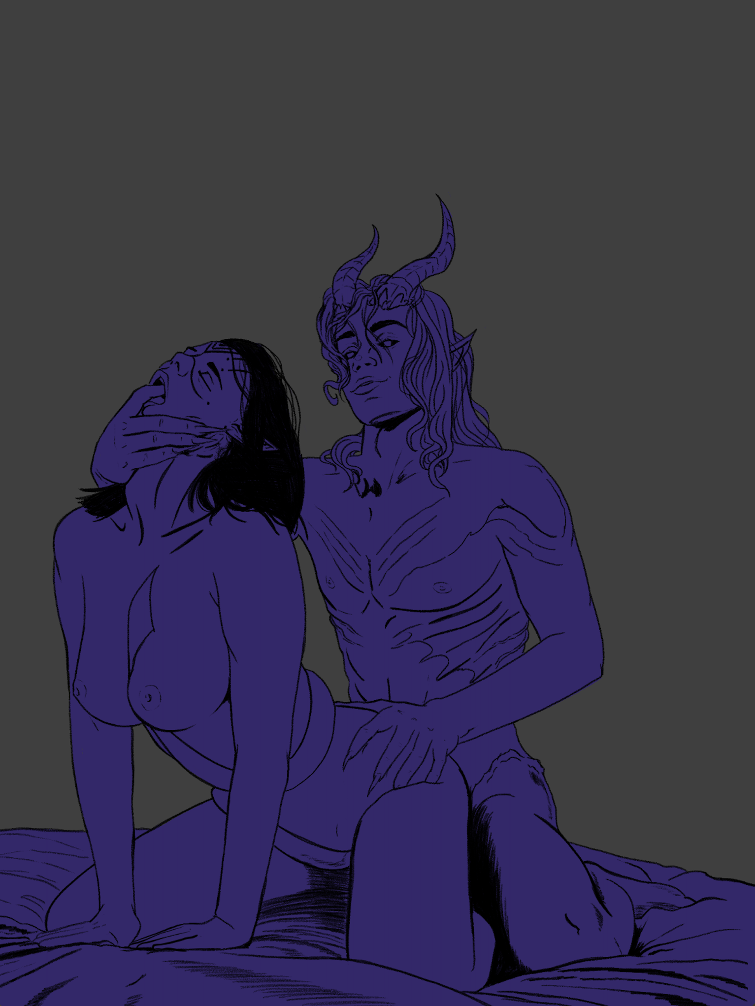 An illustration of two fantasy characters, one with horns and long hair, and the other with long dark hair, in an intimate pose against a dark background.