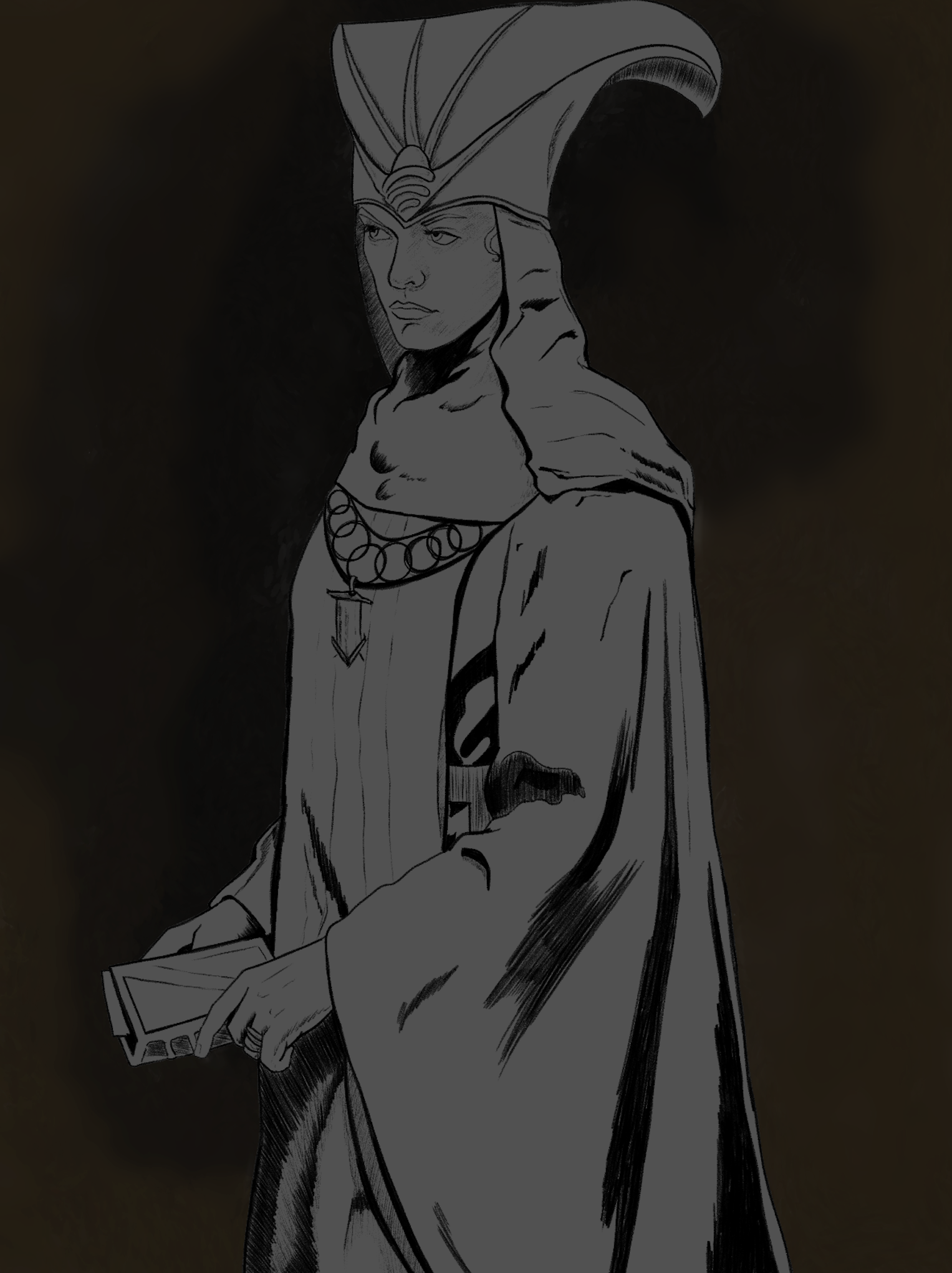 A black and white illustration of a person dressed in medieval or fantasy attire, wearing a helmet with a plume, a cloak, and a necklace, holding a book or notebook in one hand.