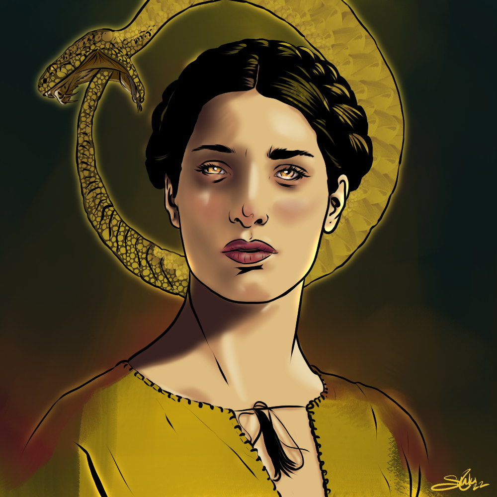 Digital illustration of a woman with dark hair, wearing a yellow top, with a snake coiled behind her head creating a halo effect.